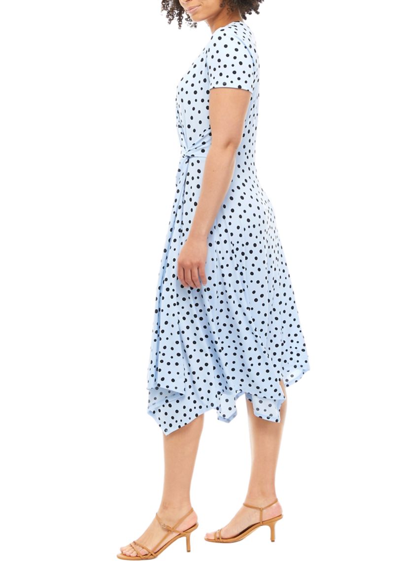Womens Short Sleeve Dot Printed Faux Wrap Dress