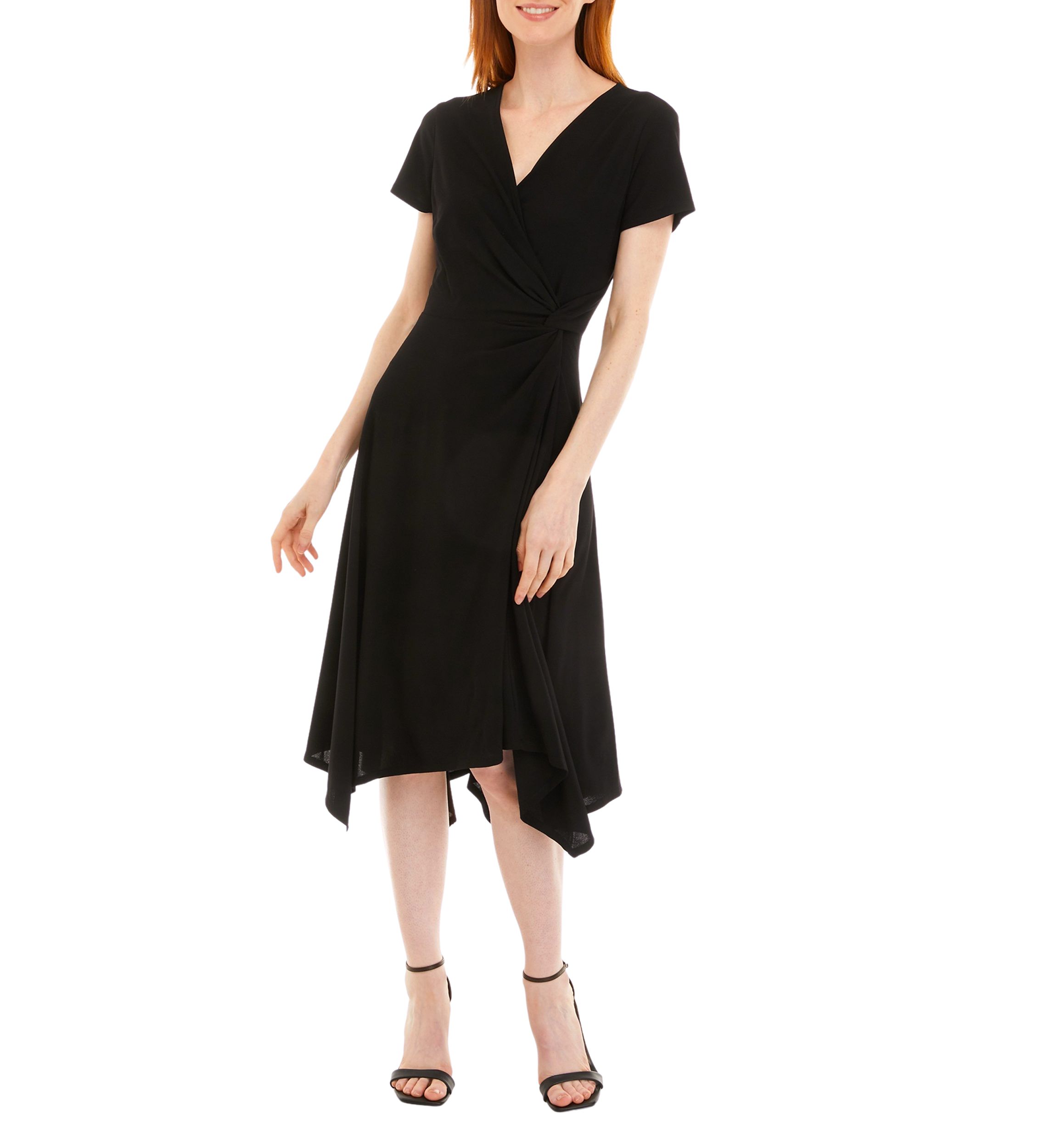 Womens Short Sleeve Surplice Crepe Handkerchief Hem Dress