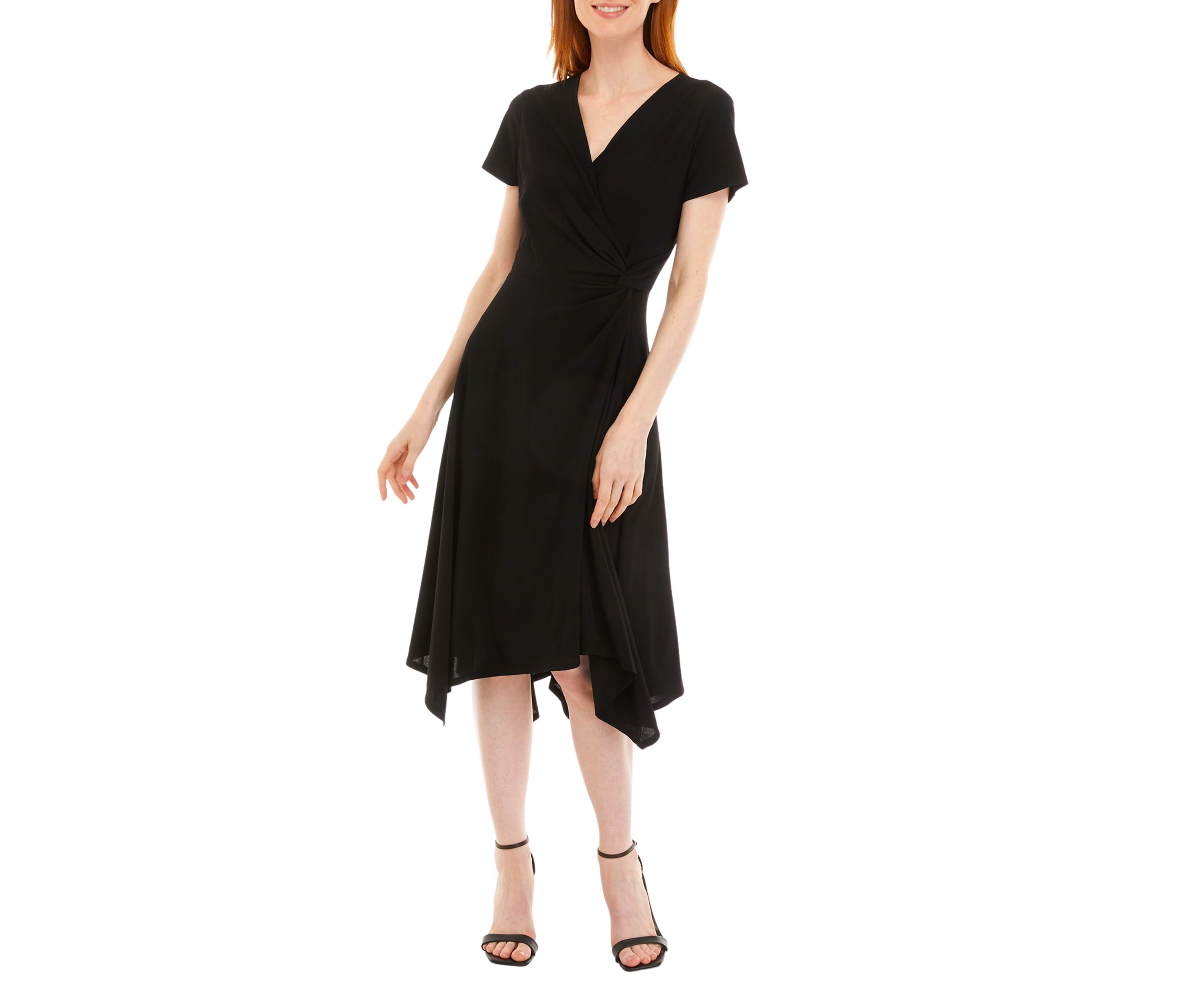 Womens Short Sleeve Surplice Crepe Handkerchief Hem Dress