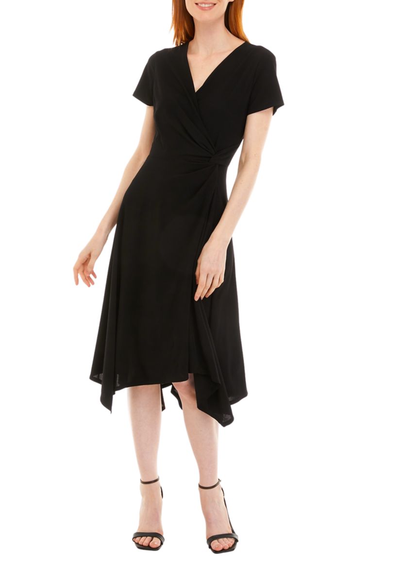 Womens Short Sleeve Surplice Crepe Handkerchief Hem Dress