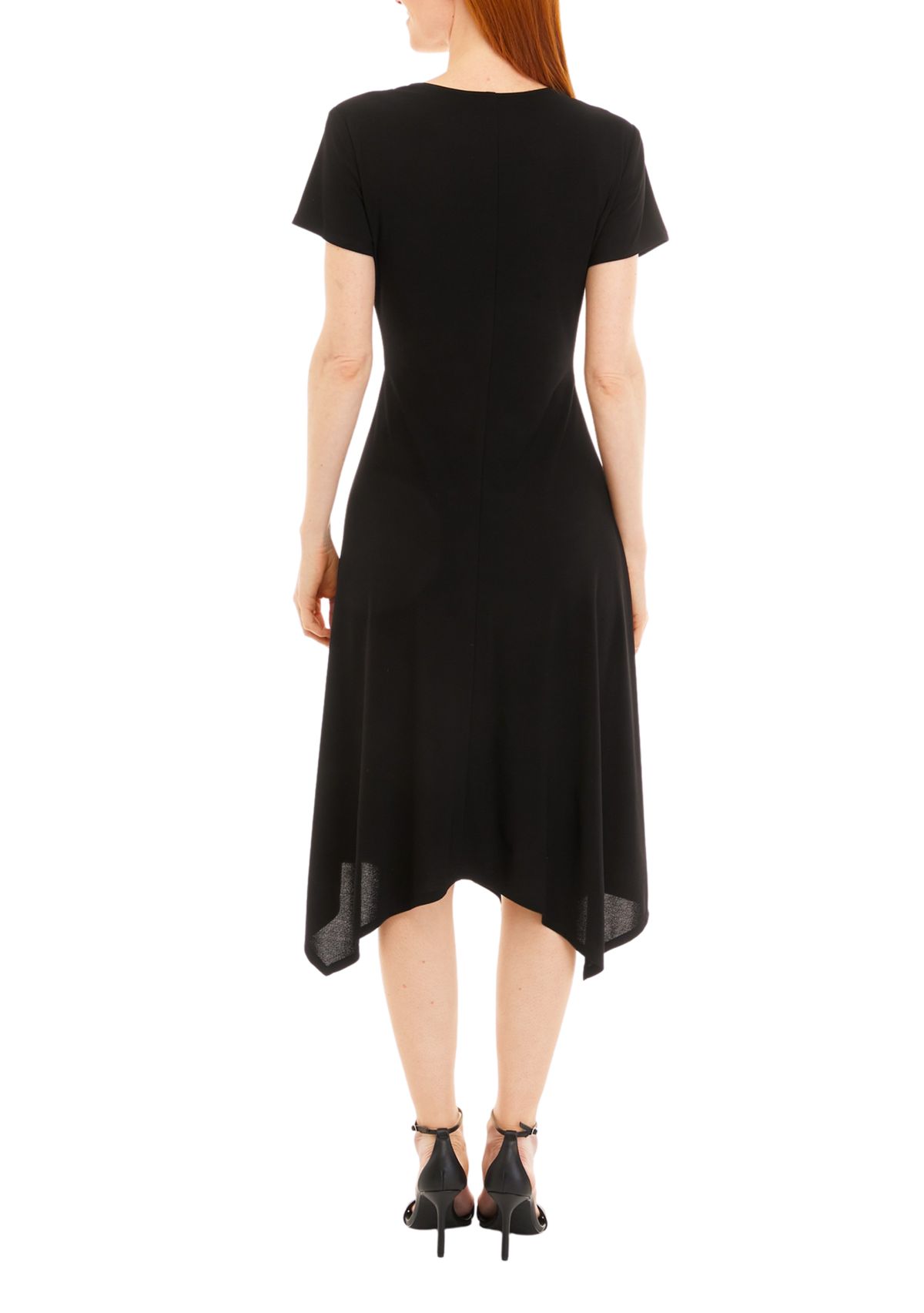 Womens Short Sleeve Surplice Crepe Handkerchief Hem Dress