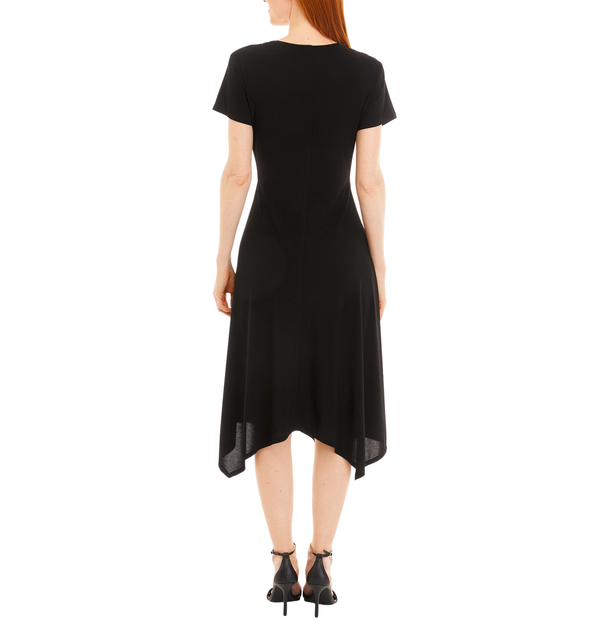 Womens Short Sleeve Surplice Crepe Handkerchief Hem Dress