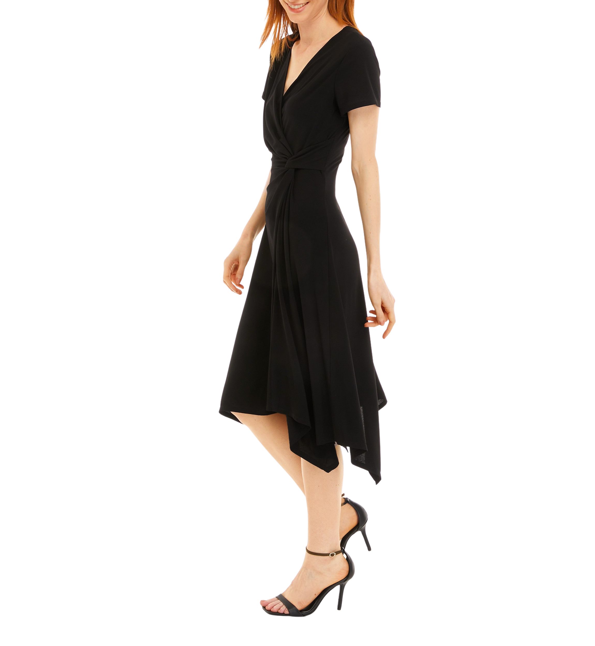Womens Short Sleeve Surplice Crepe Handkerchief Hem Dress