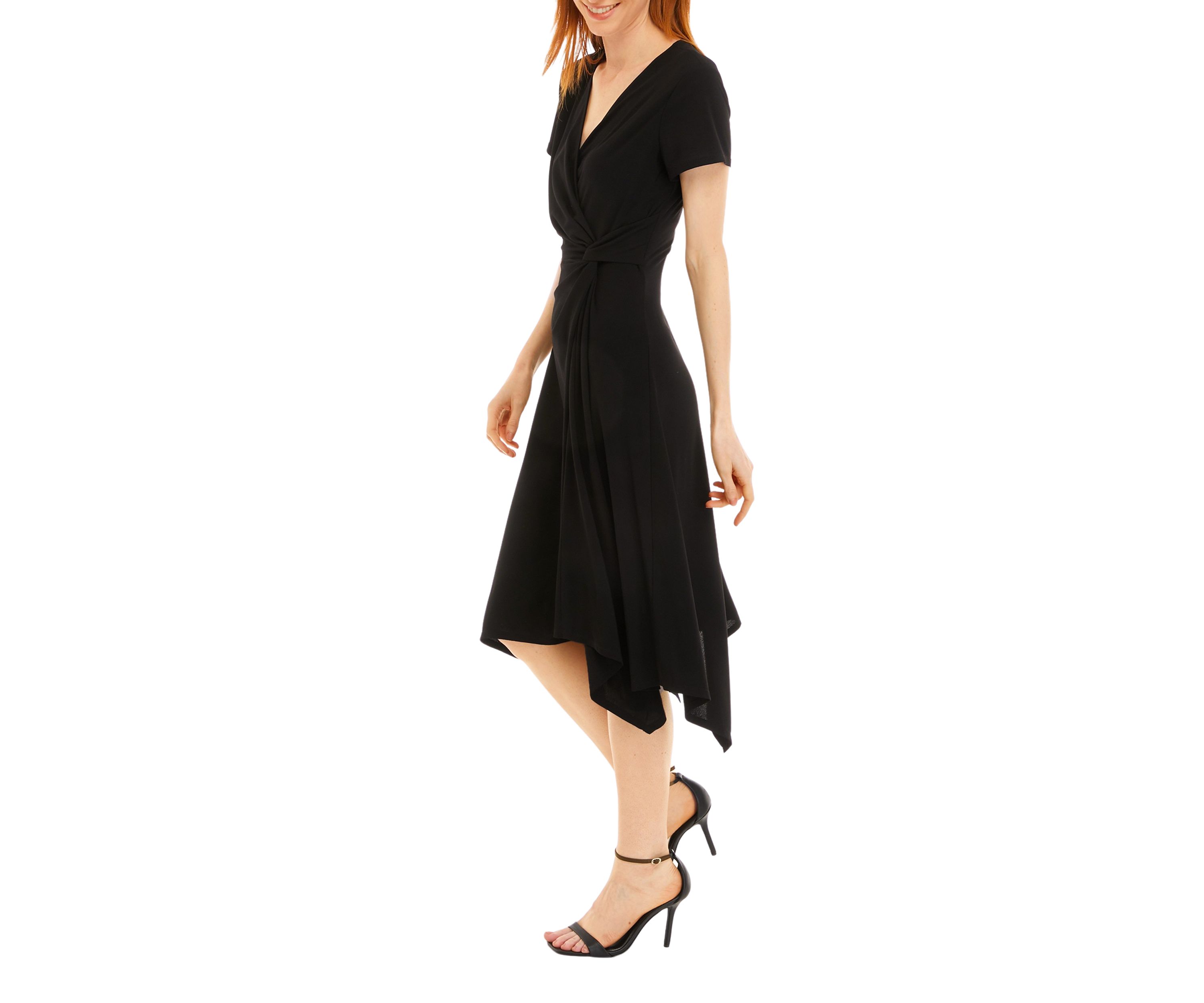 Womens Short Sleeve Surplice Crepe Handkerchief Hem Dress