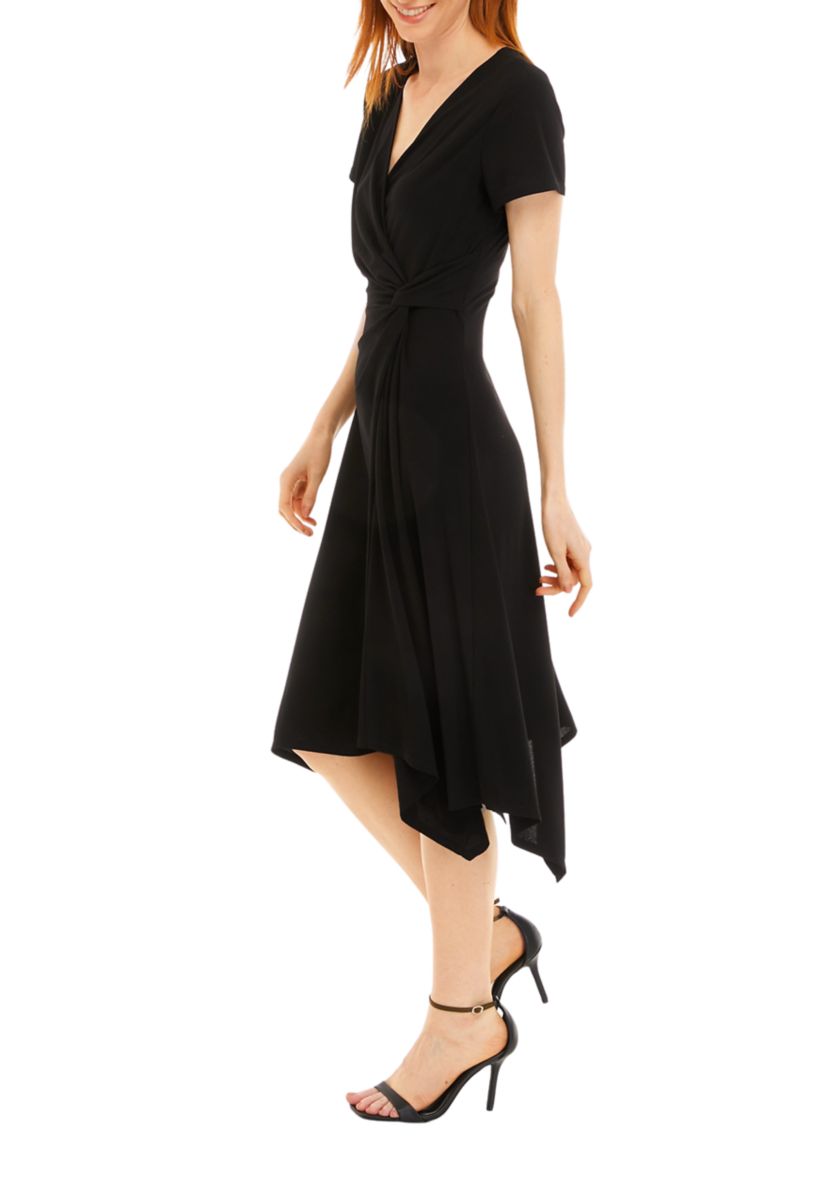 Womens Short Sleeve Surplice Crepe Handkerchief Hem Dress
