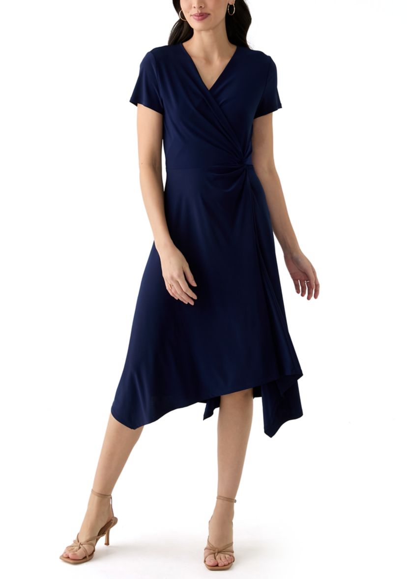 Womens Short Sleeve V-Neck Solid Wrap Dress