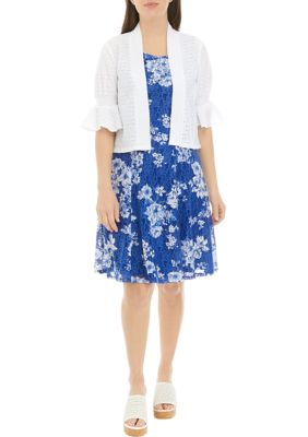 Women's Short Sleeve Printed Lace Shift Dress with Jacket
