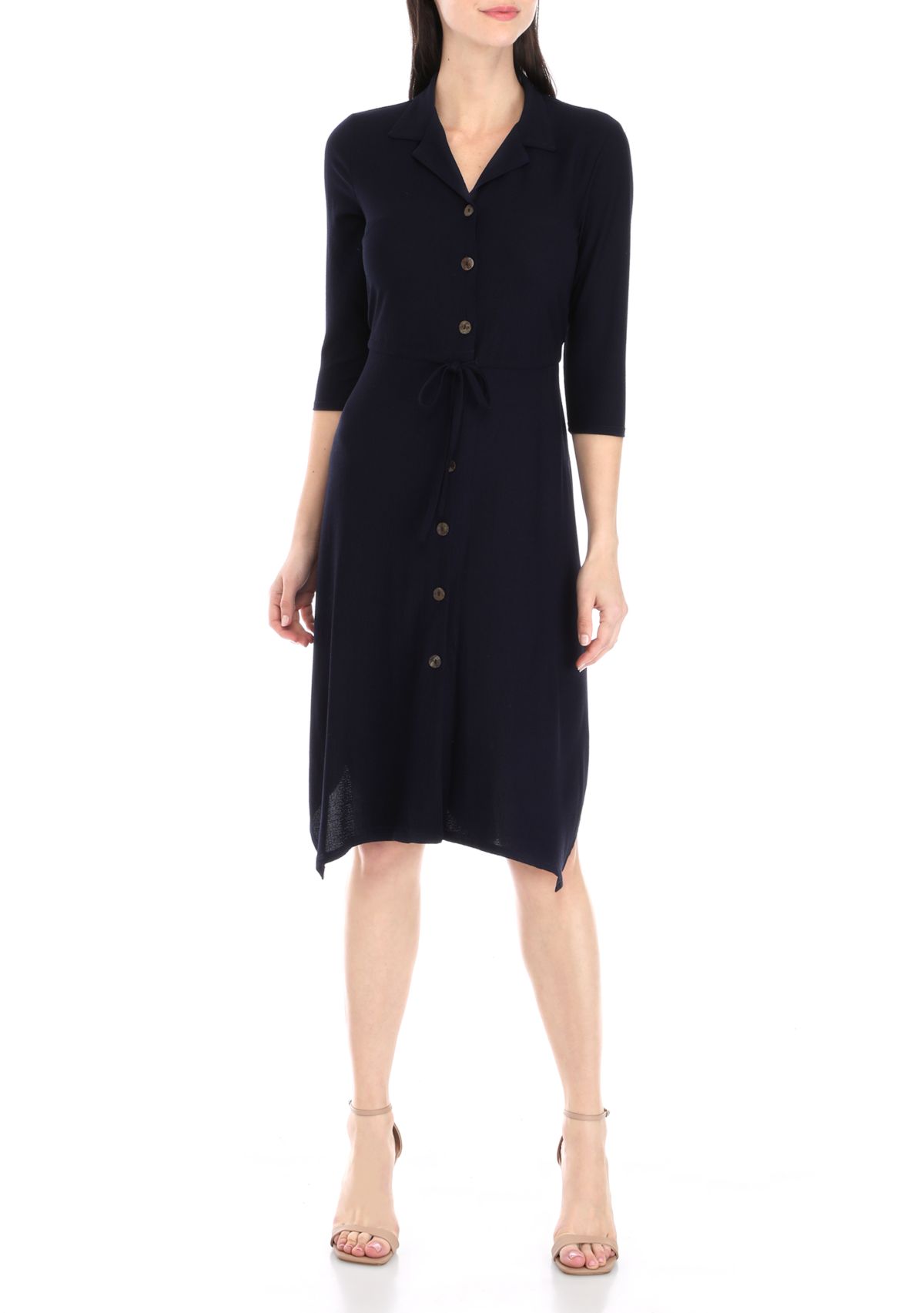Womens 3/4 Sleeve Textured Woven Shirtdress 