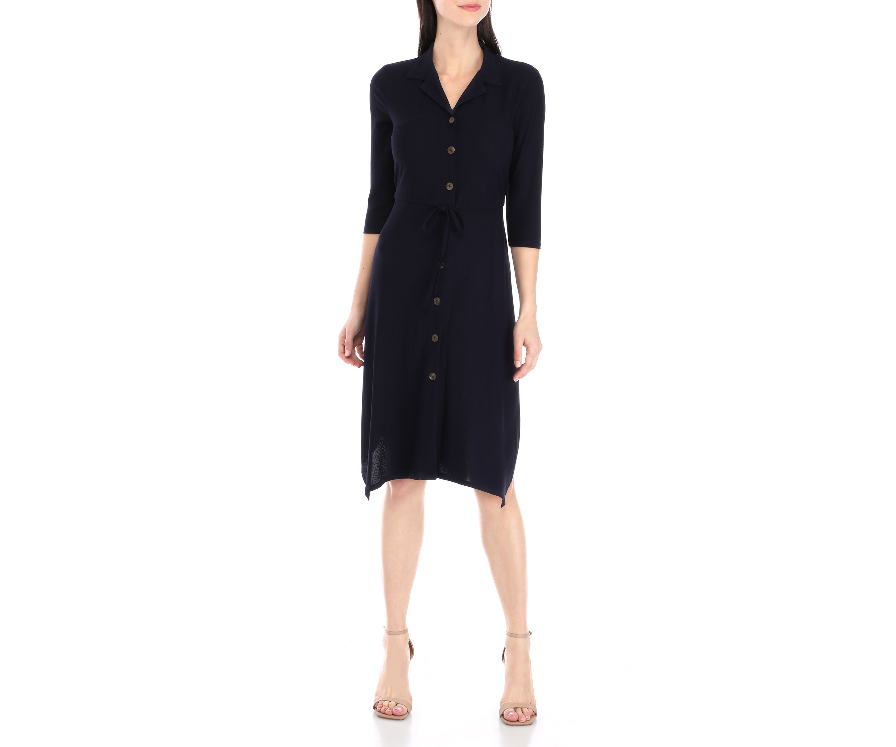 Womens 3/4 Sleeve Textured Woven Shirtdress 