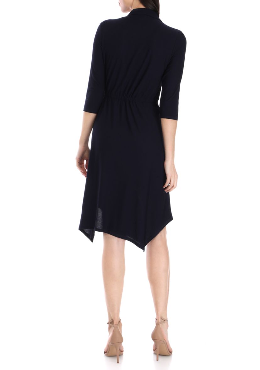Womens 3/4 Sleeve Textured Woven Shirtdress 