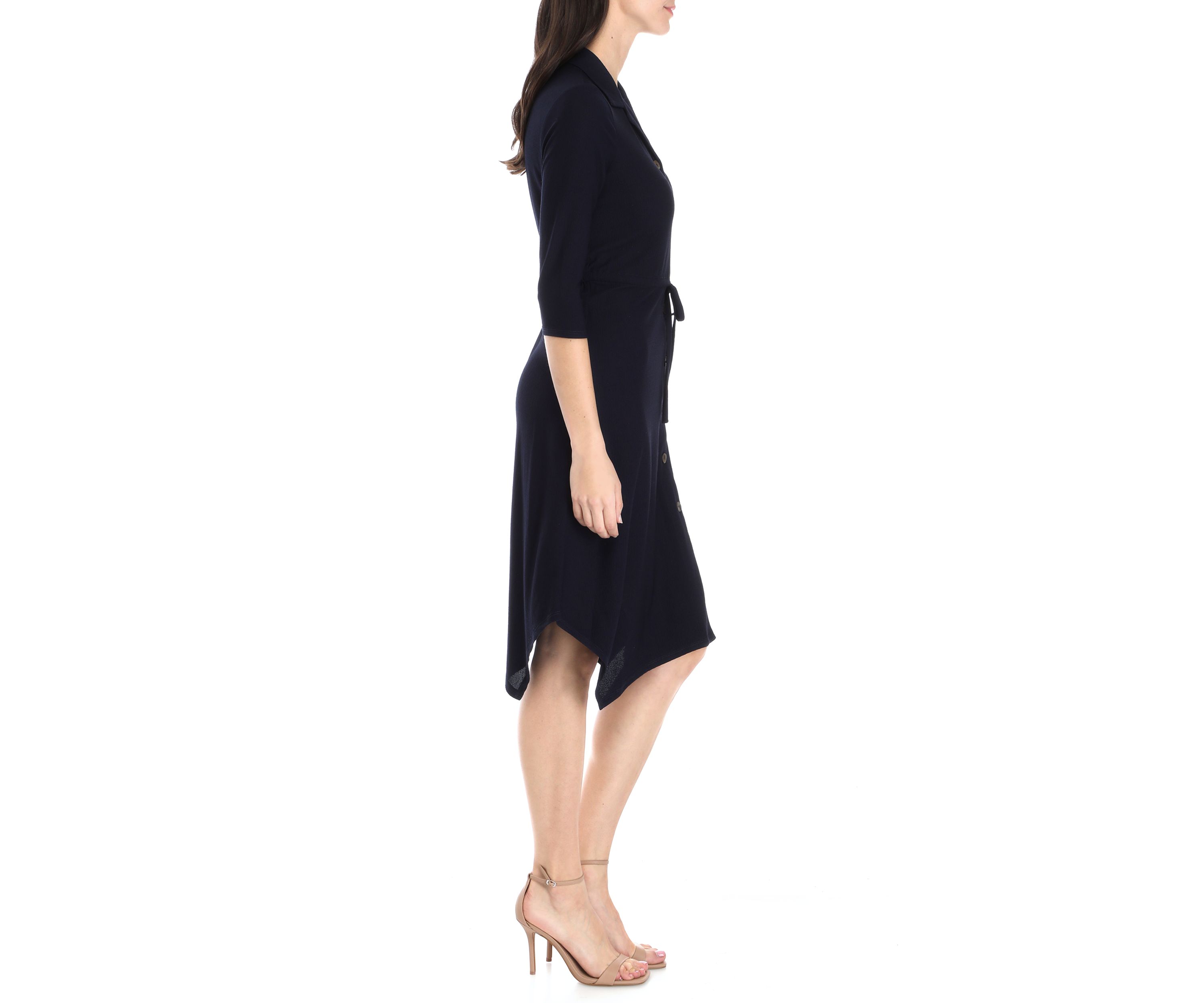 Womens 3/4 Sleeve Textured Woven Shirtdress 