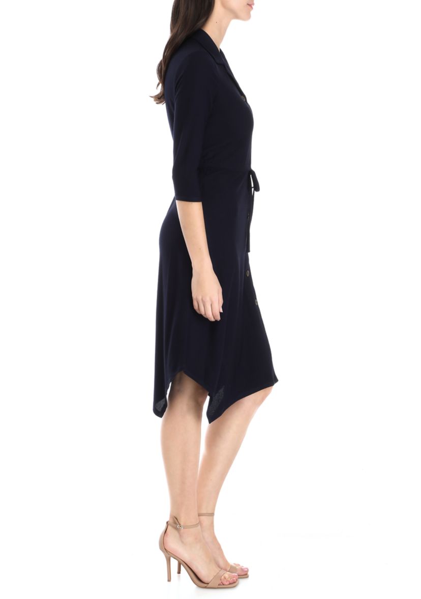 Womens 3/4 Sleeve Textured Woven Shirtdress 