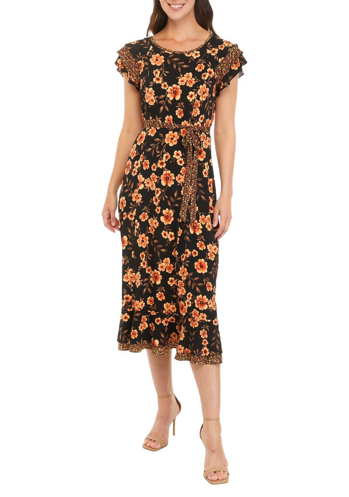 Womens Flutter Sleeve Floral Double Ruffle Dress