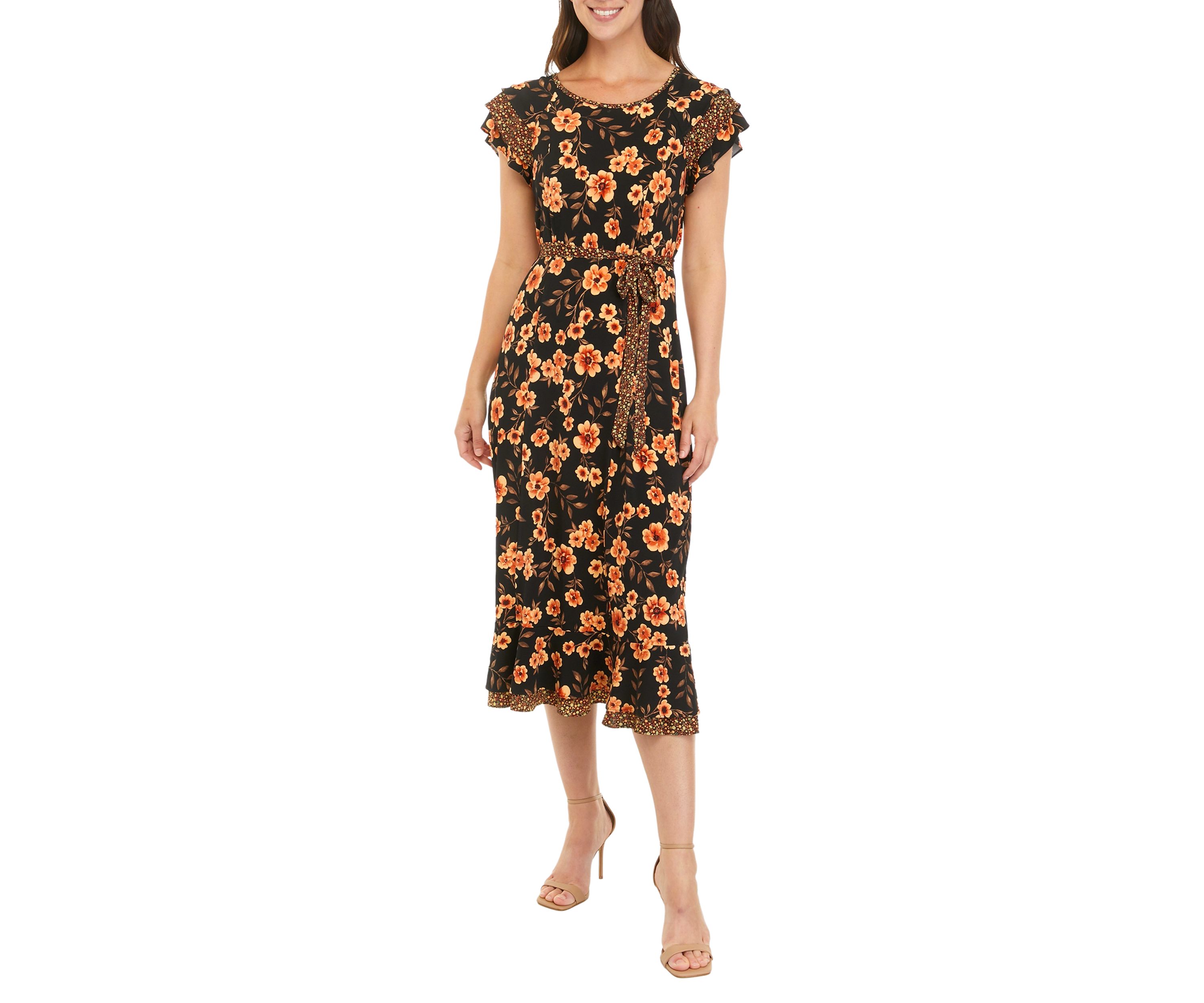 Womens Flutter Sleeve Floral Double Ruffle Dress