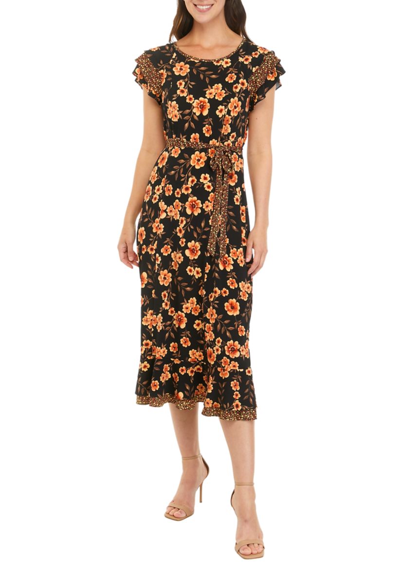 Womens Flutter Sleeve Floral Double Ruffle Dress