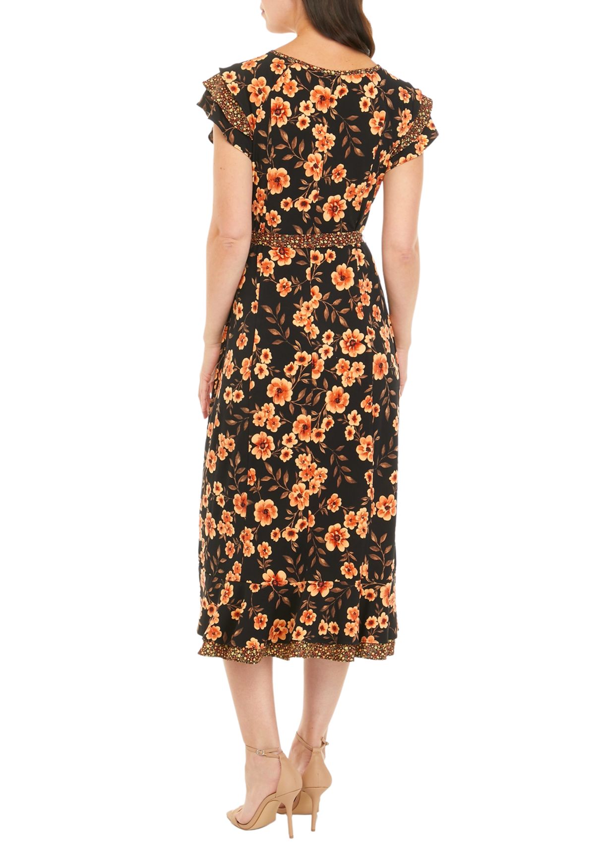 Womens Flutter Sleeve Floral Double Ruffle Dress