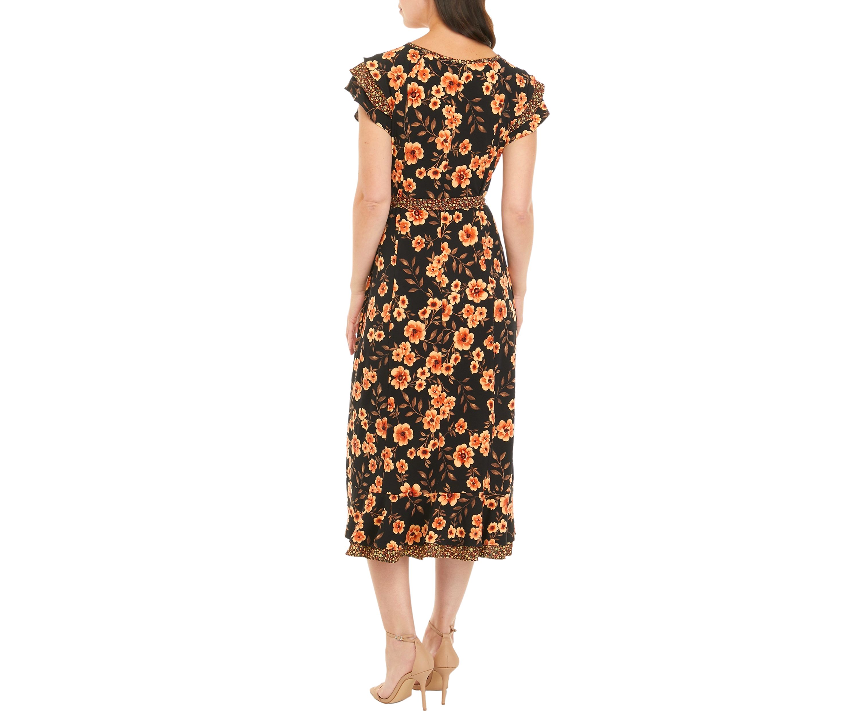 Womens Flutter Sleeve Floral Double Ruffle Dress