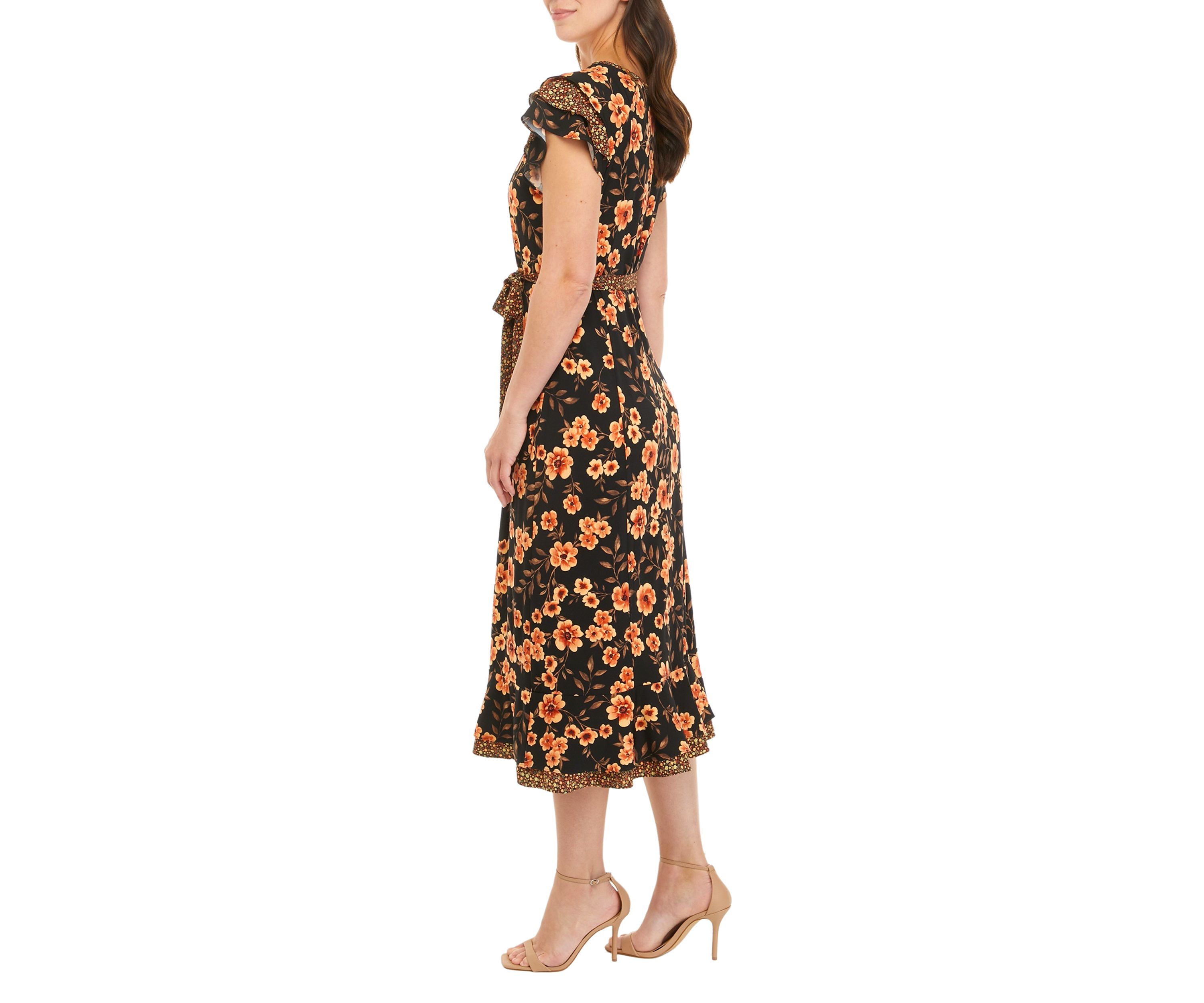 Womens Flutter Sleeve Floral Double Ruffle Dress