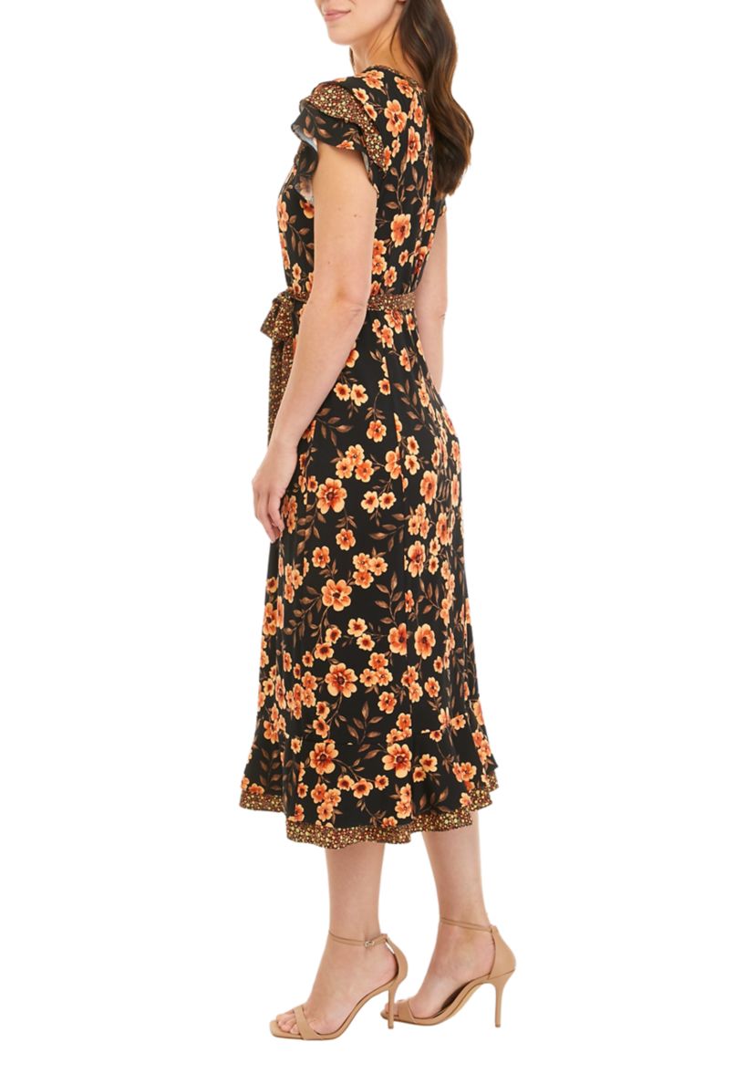 Womens Flutter Sleeve Floral Double Ruffle Dress