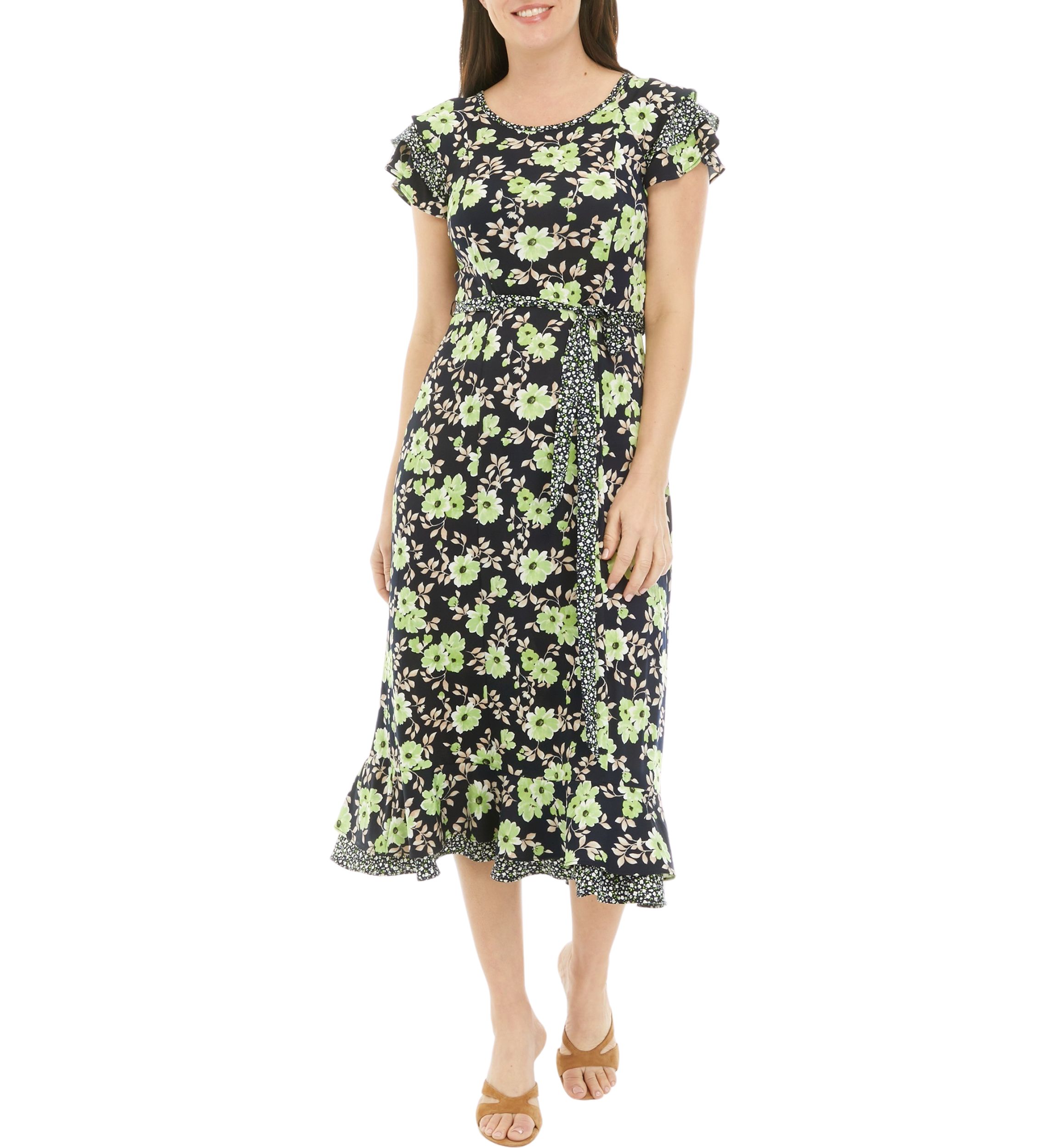 Womens Short Sleeve Ditsy Print Floral Belted Midi Dress