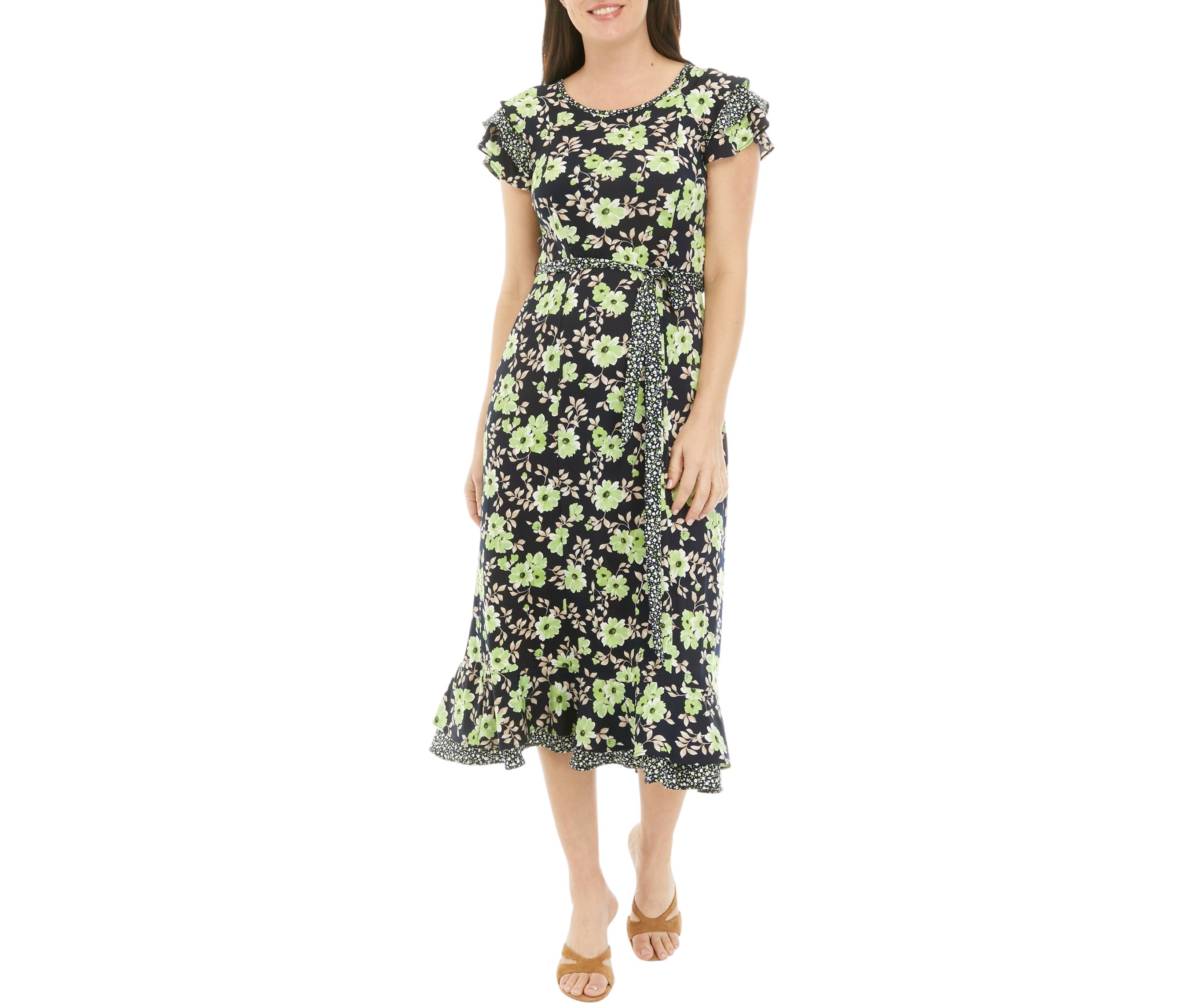 Womens Short Sleeve Ditsy Print Floral Belted Midi Dress