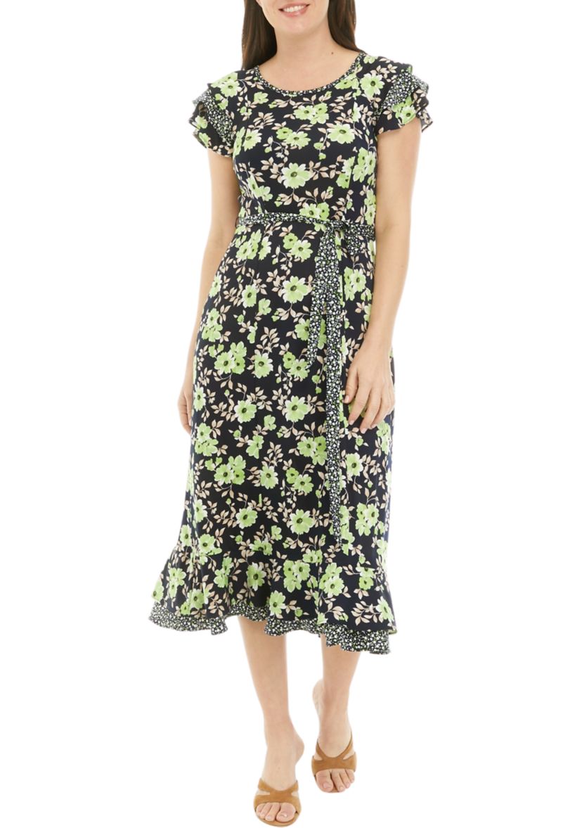Womens Short Sleeve Ditsy Print Floral Belted Midi Dress