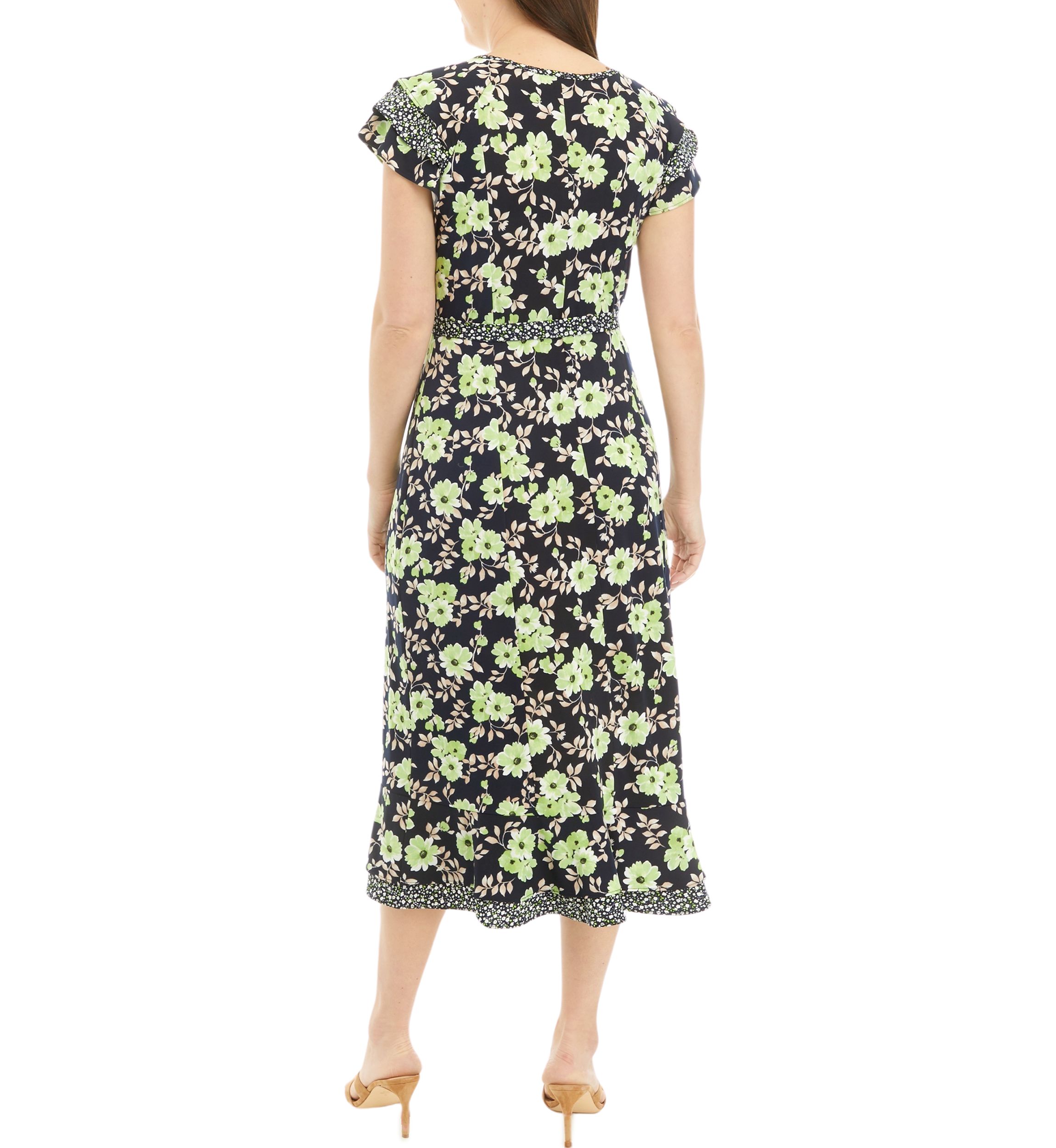 Womens Short Sleeve Ditsy Print Floral Belted Midi Dress