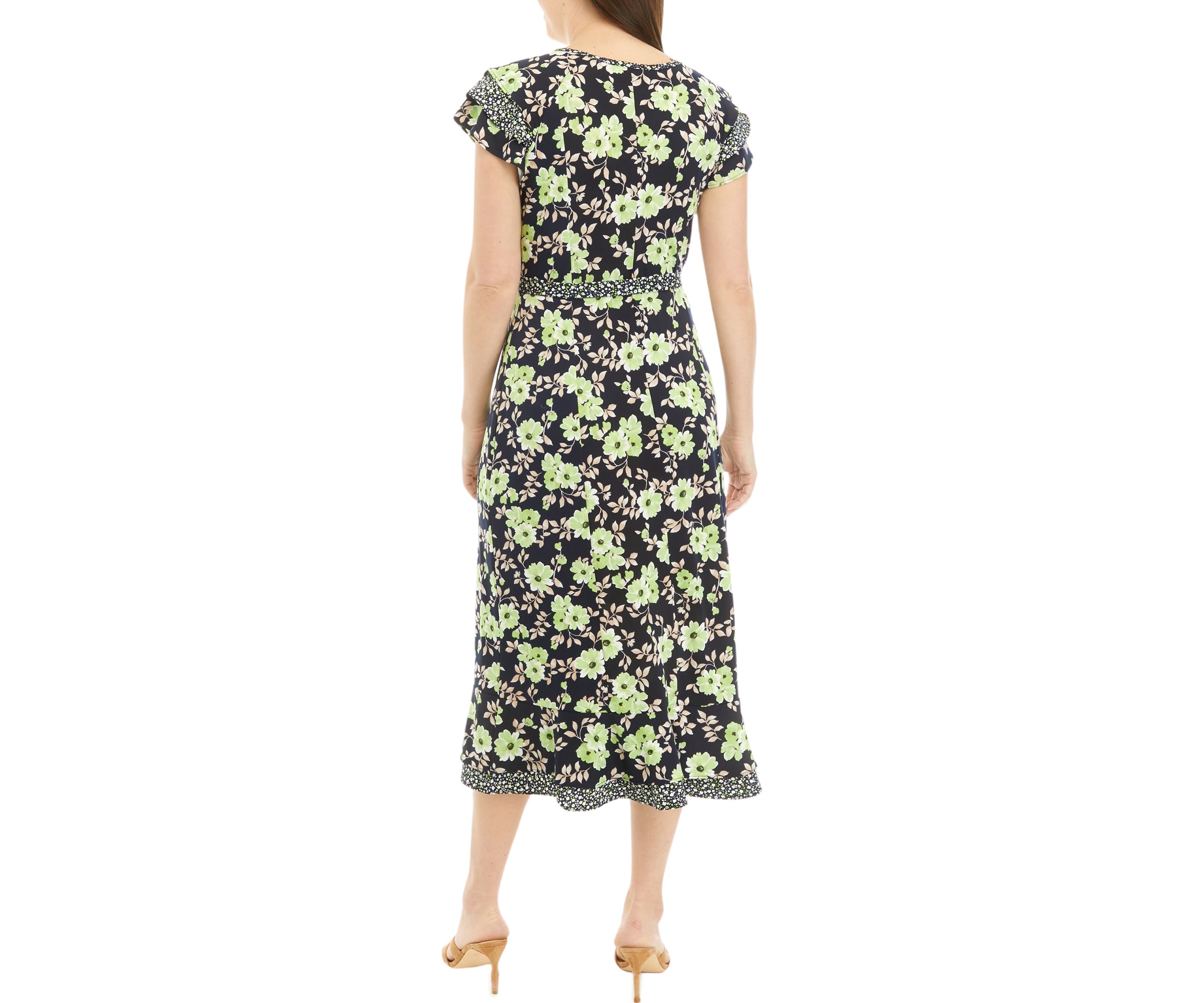 Womens Short Sleeve Ditsy Print Floral Belted Midi Dress