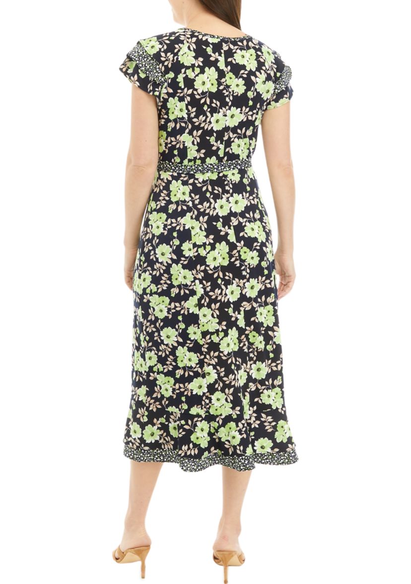 Womens Short Sleeve Ditsy Print Floral Belted Midi Dress