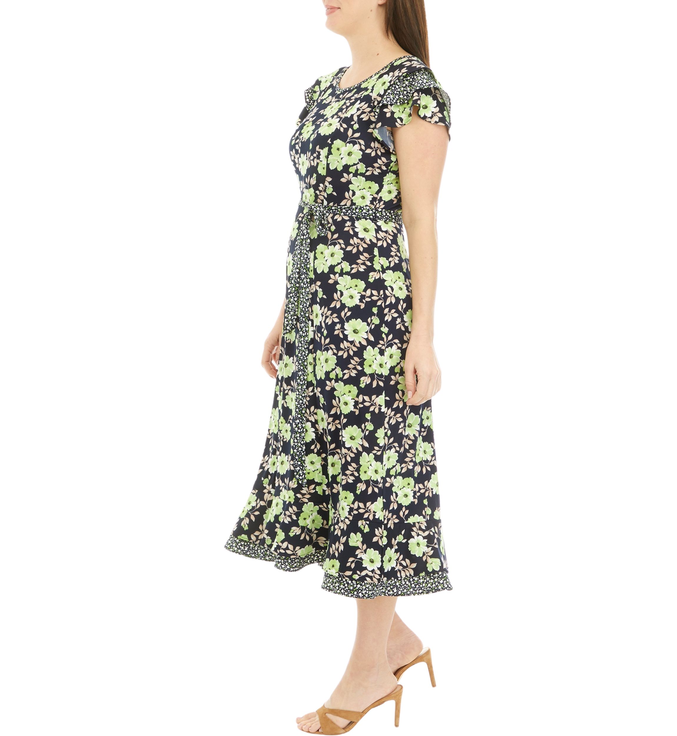 Womens Short Sleeve Ditsy Print Floral Belted Midi Dress
