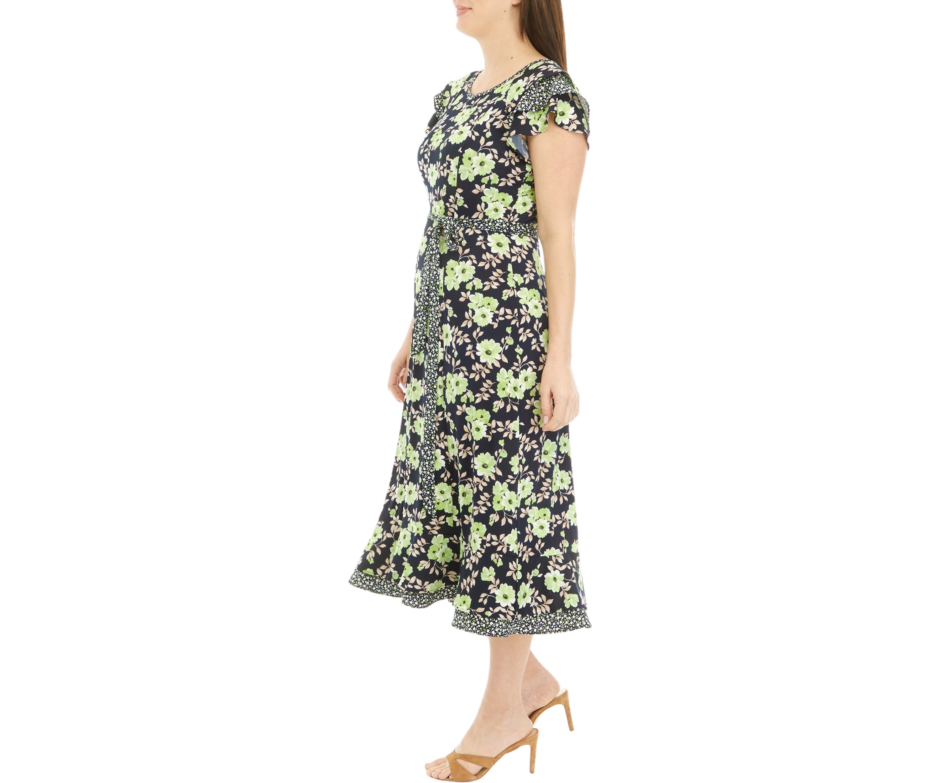 Womens Short Sleeve Ditsy Print Floral Belted Midi Dress