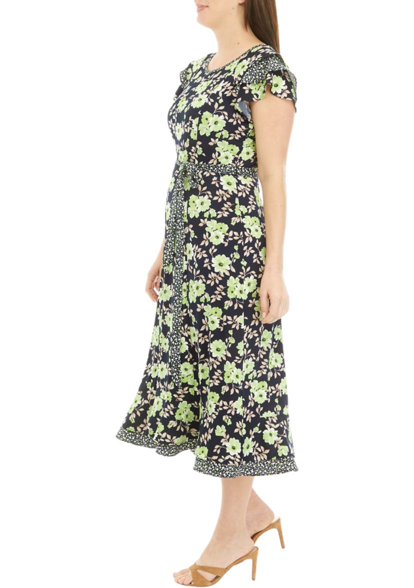 Womens Short Sleeve Ditsy Print Floral Belted Midi Dress