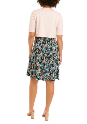 Women's Short Sleeve Ditsy Floral Print Dress and Jacket Set