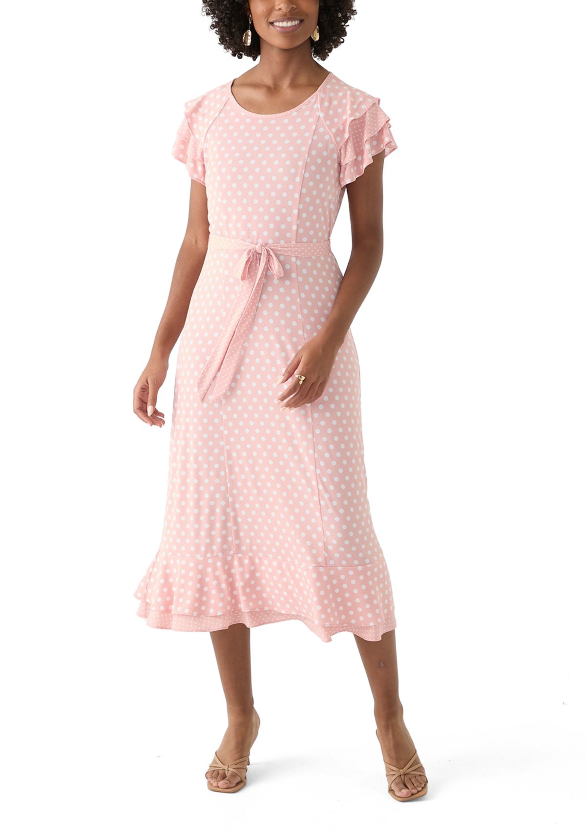 Womens Flutter Sleeve Polka Dot Tie Waist Dress