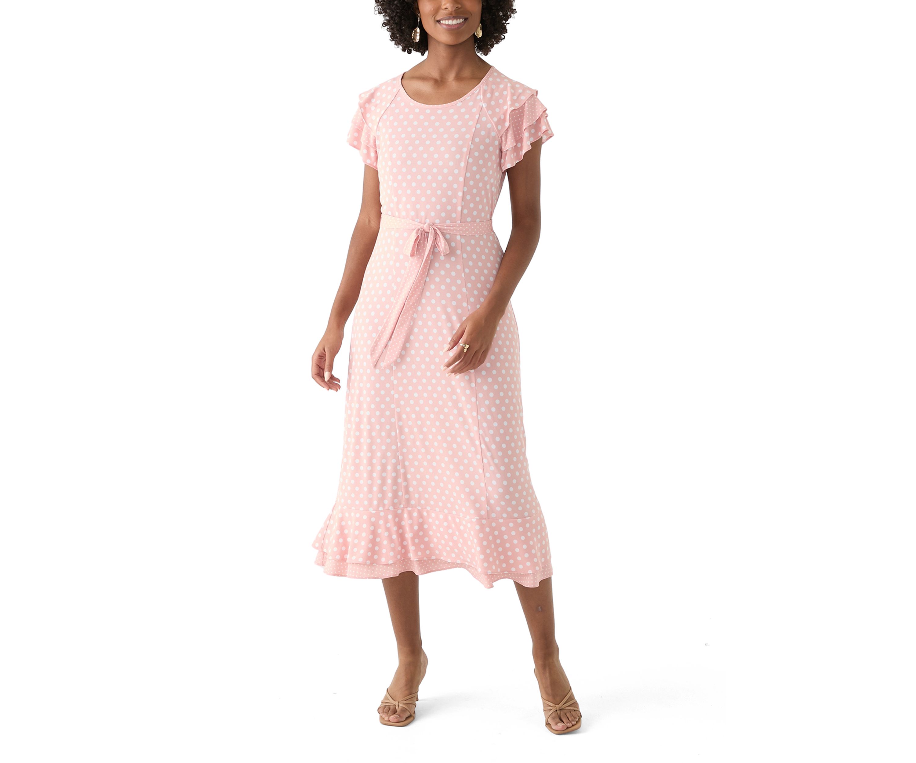 Womens Flutter Sleeve Polka Dot Tie Waist Dress