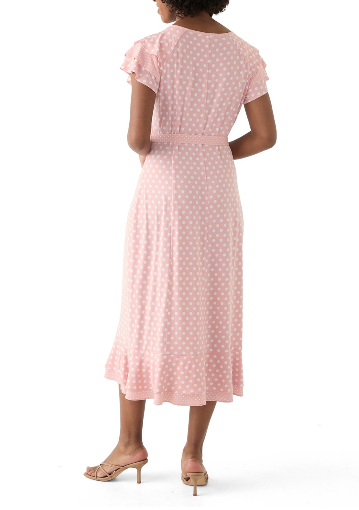 Womens Flutter Sleeve Polka Dot Tie Waist Dress