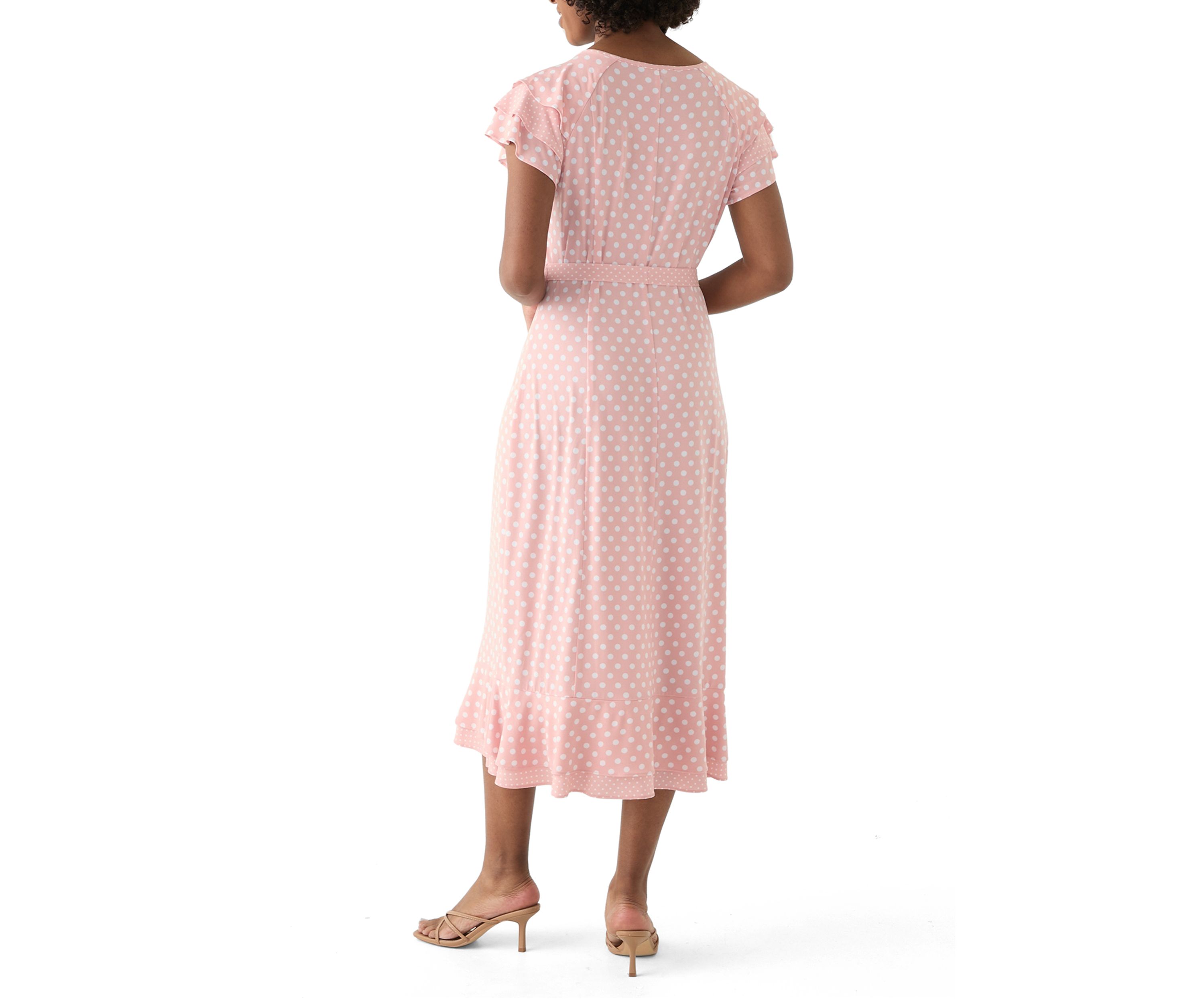Womens Flutter Sleeve Polka Dot Tie Waist Dress