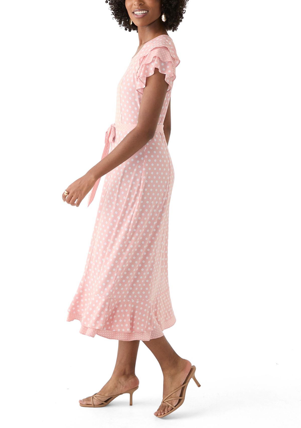 Womens Flutter Sleeve Polka Dot Tie Waist Dress