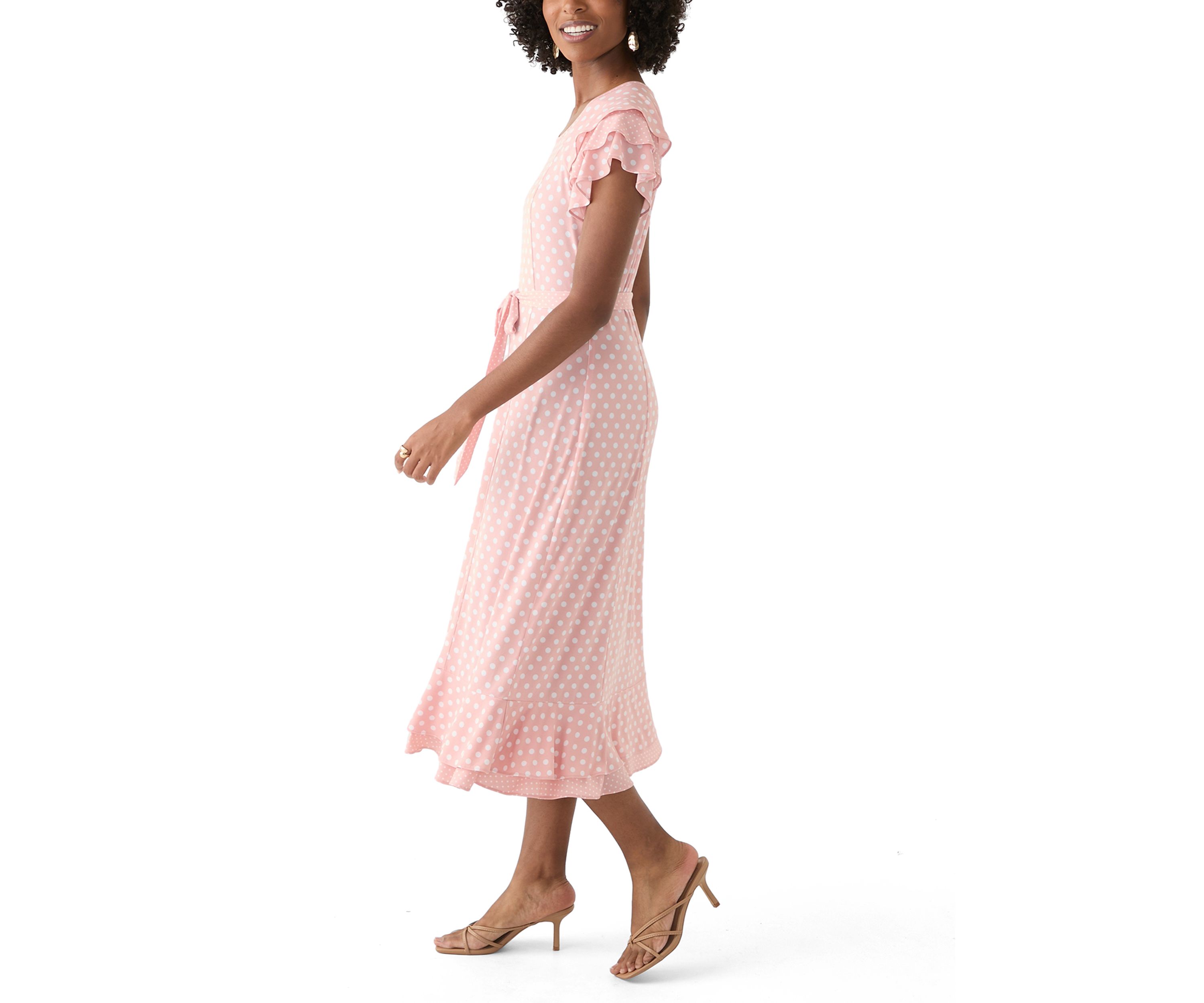 Womens Flutter Sleeve Polka Dot Tie Waist Dress