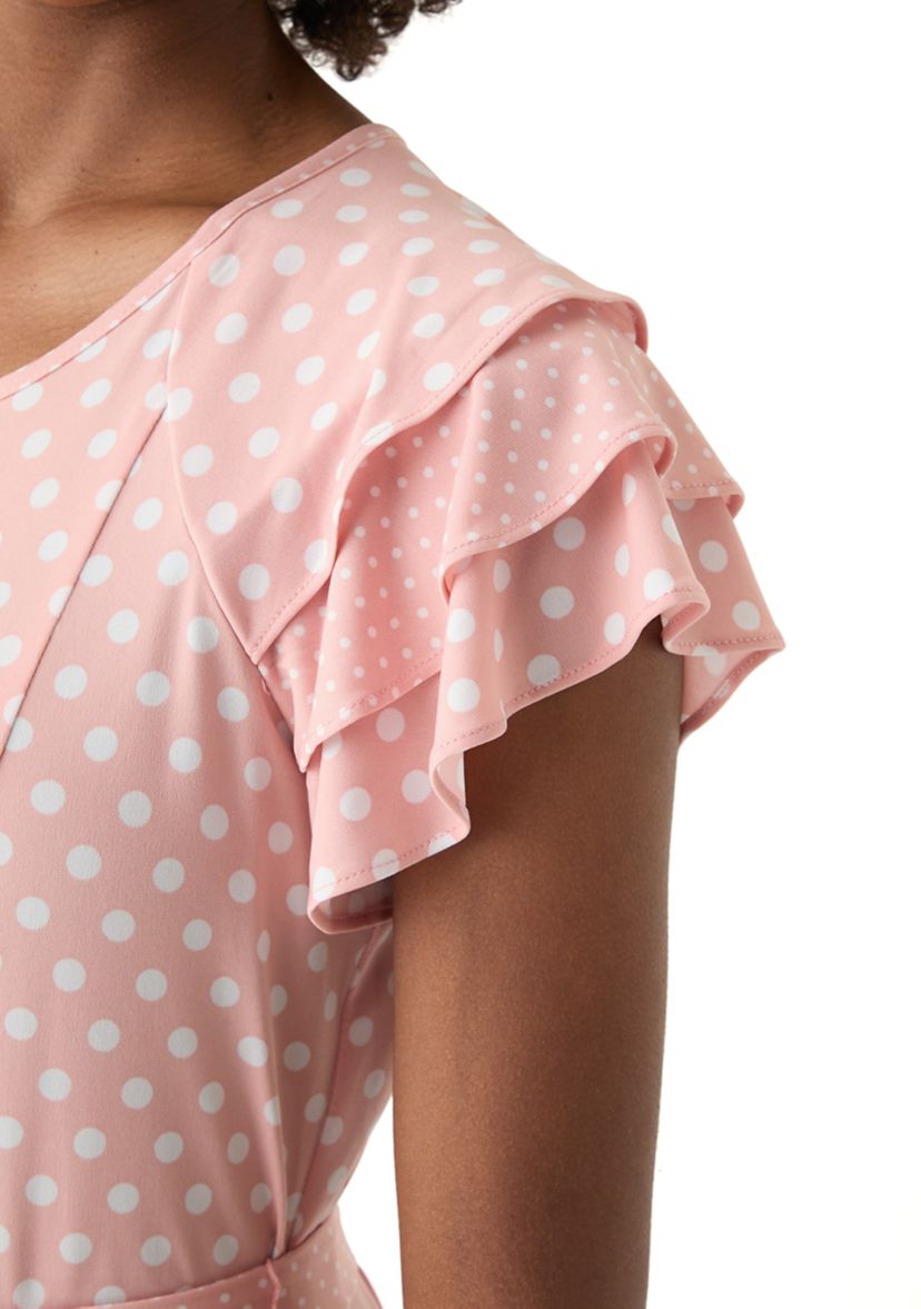 Womens Flutter Sleeve Polka Dot Tie Waist Dress