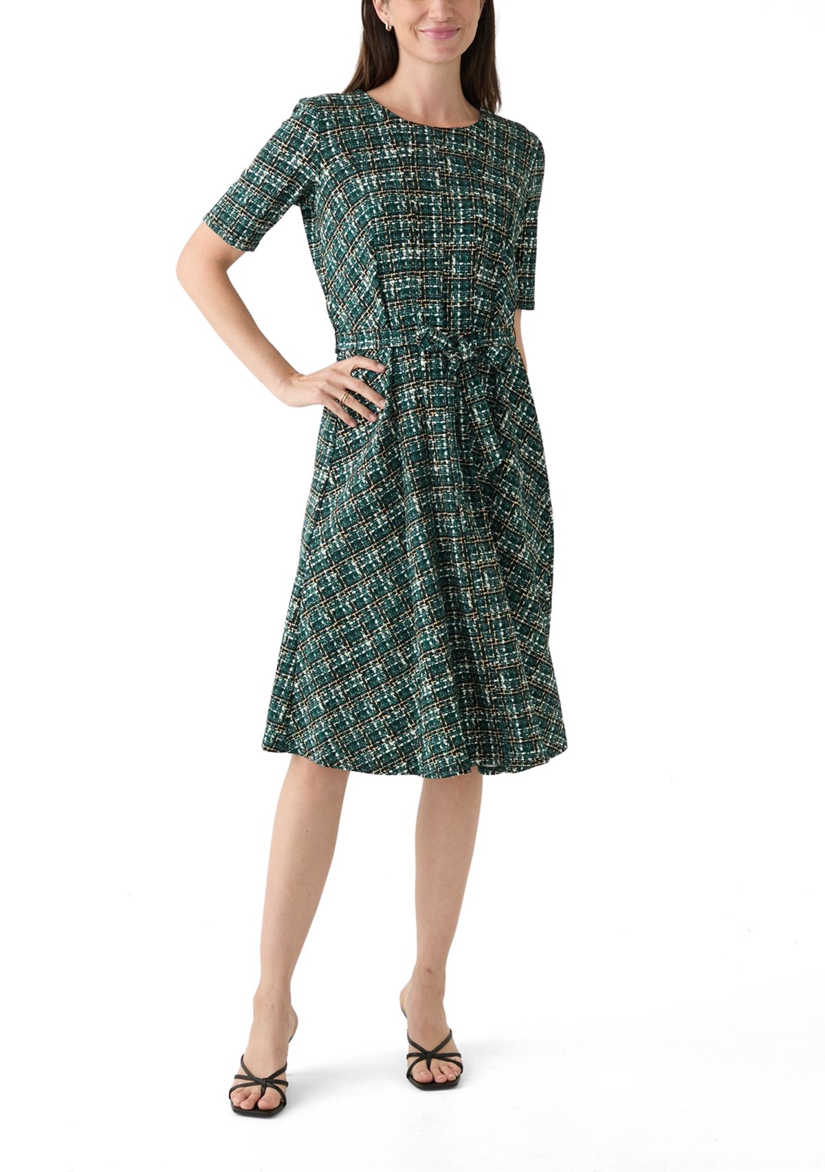 Womens Short Sleeve Crew Neck Tie Waist Printed Bouclé Fit and Flare Dress