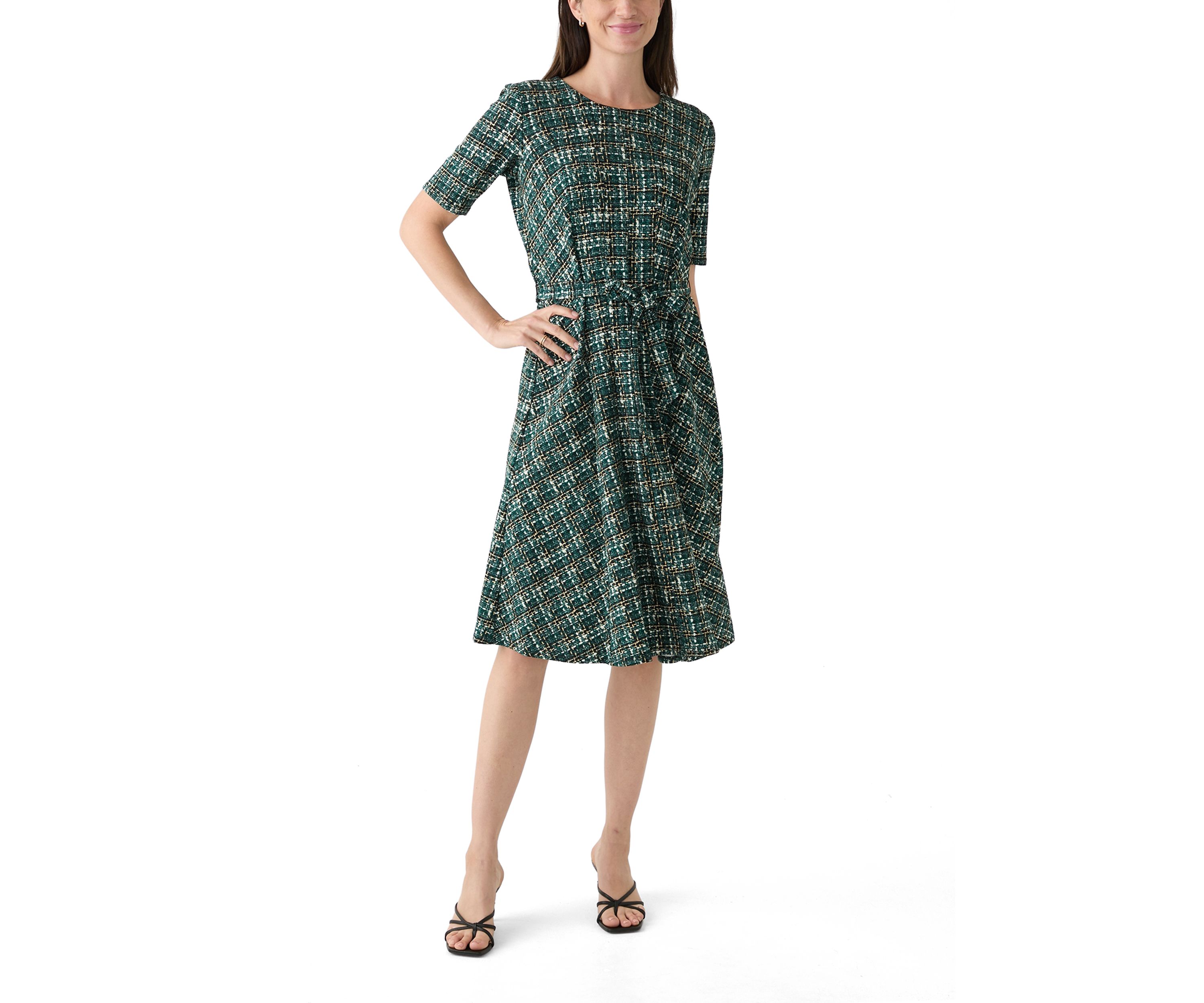 Womens Short Sleeve Crew Neck Tie Waist Printed Bouclé Fit and Flare Dress