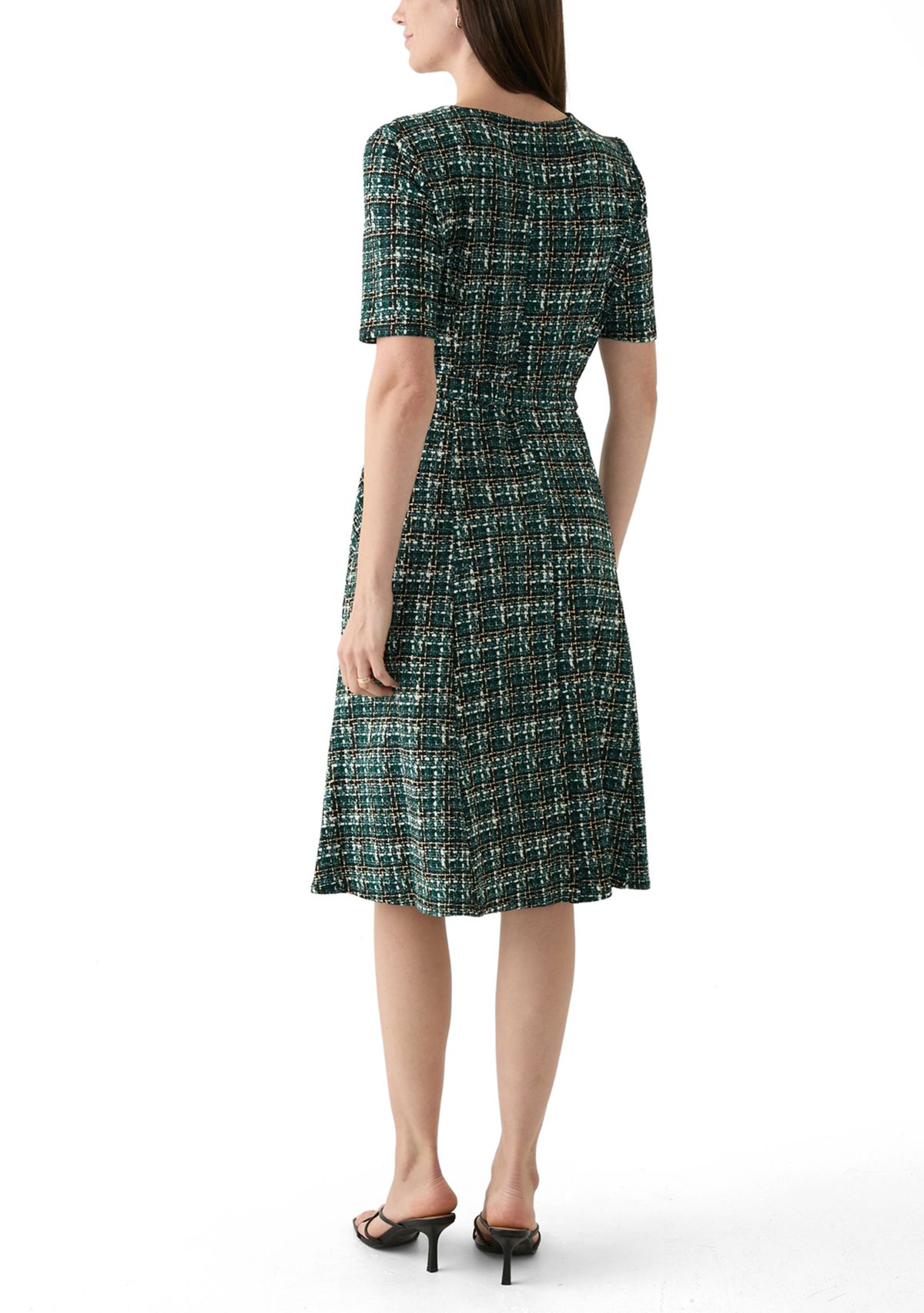 Womens Short Sleeve Crew Neck Tie Waist Printed Bouclé Fit and Flare Dress