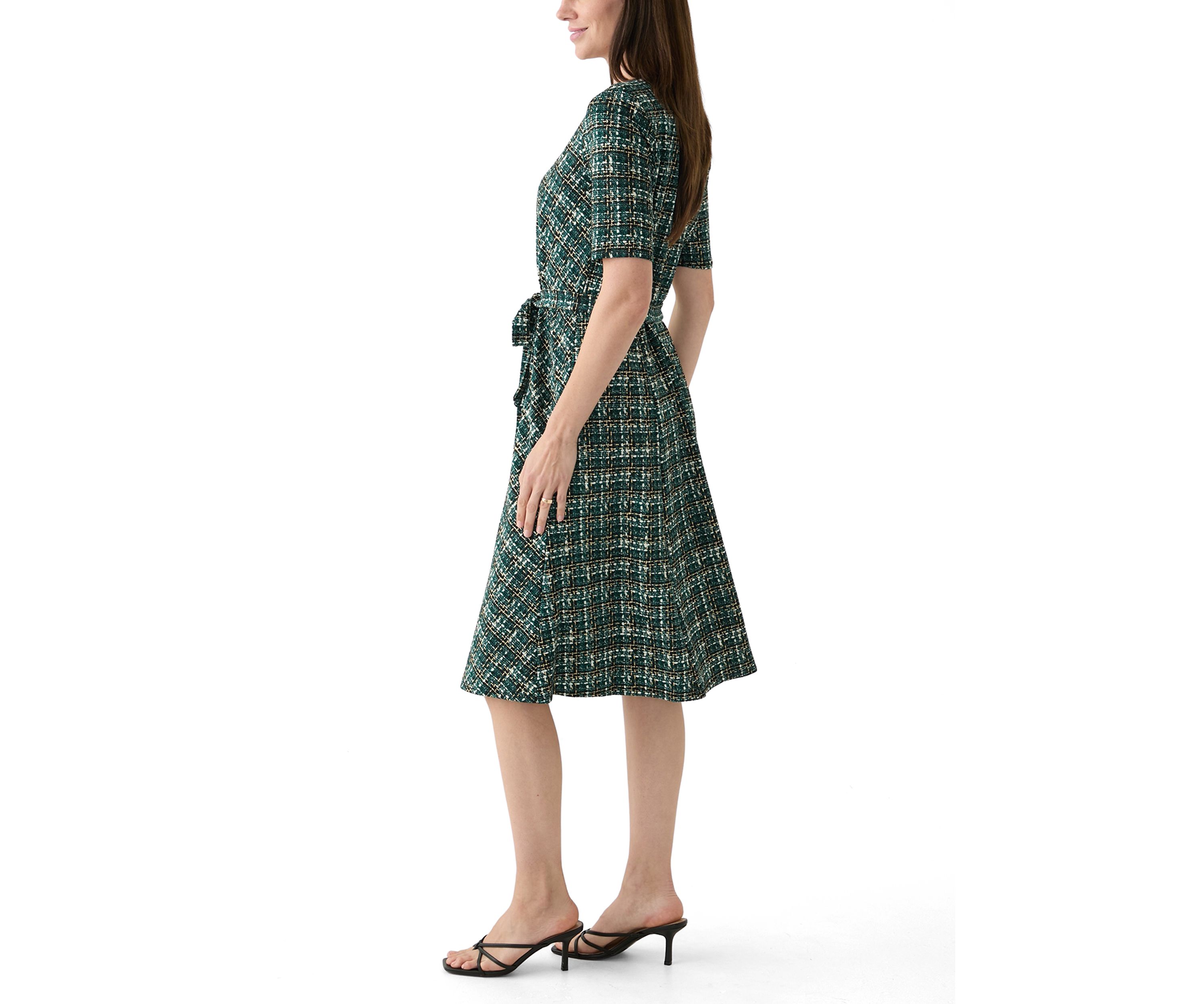 Womens Short Sleeve Crew Neck Tie Waist Printed Bouclé Fit and Flare Dress