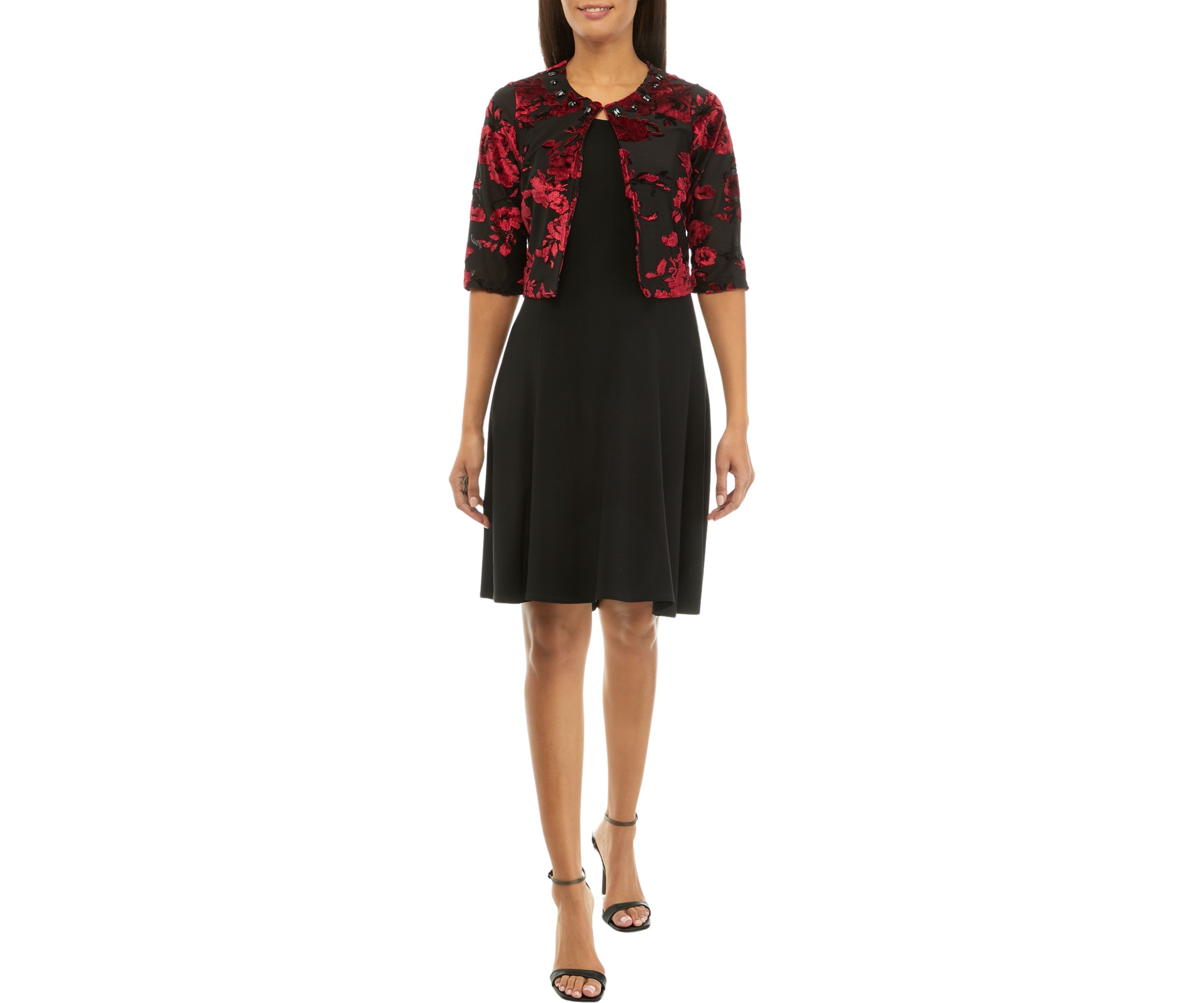 Womens 3/4 Sleeve Velvet Burnout Floral Jacket Dress