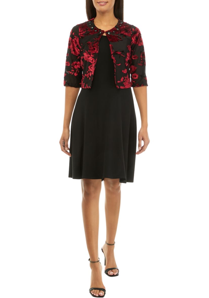 Womens 3/4 Sleeve Velvet Burnout Floral Jacket Dress