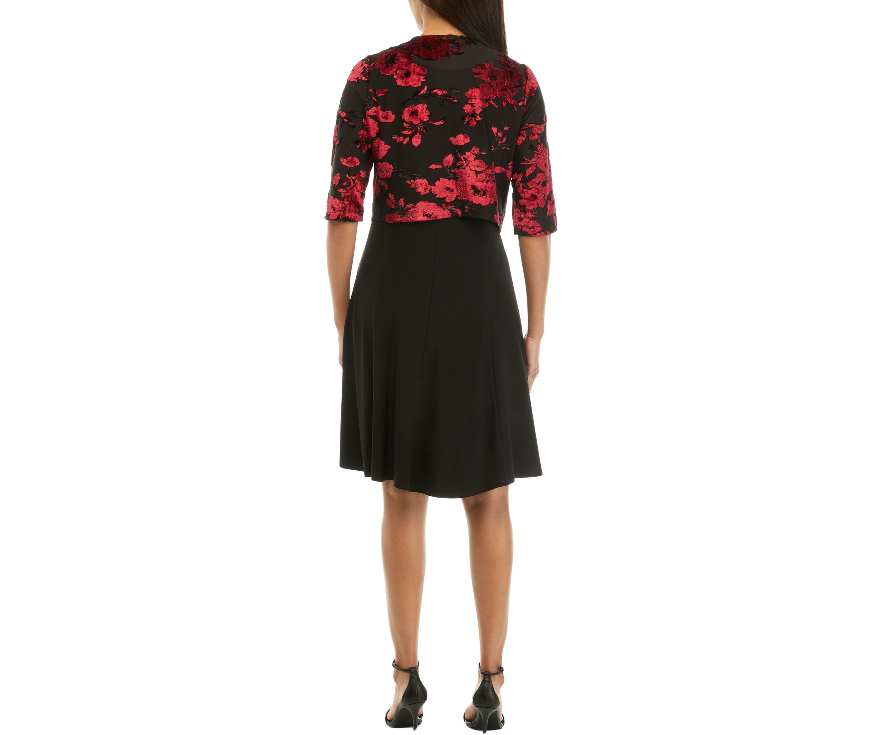 Womens 3/4 Sleeve Velvet Burnout Floral Jacket Dress