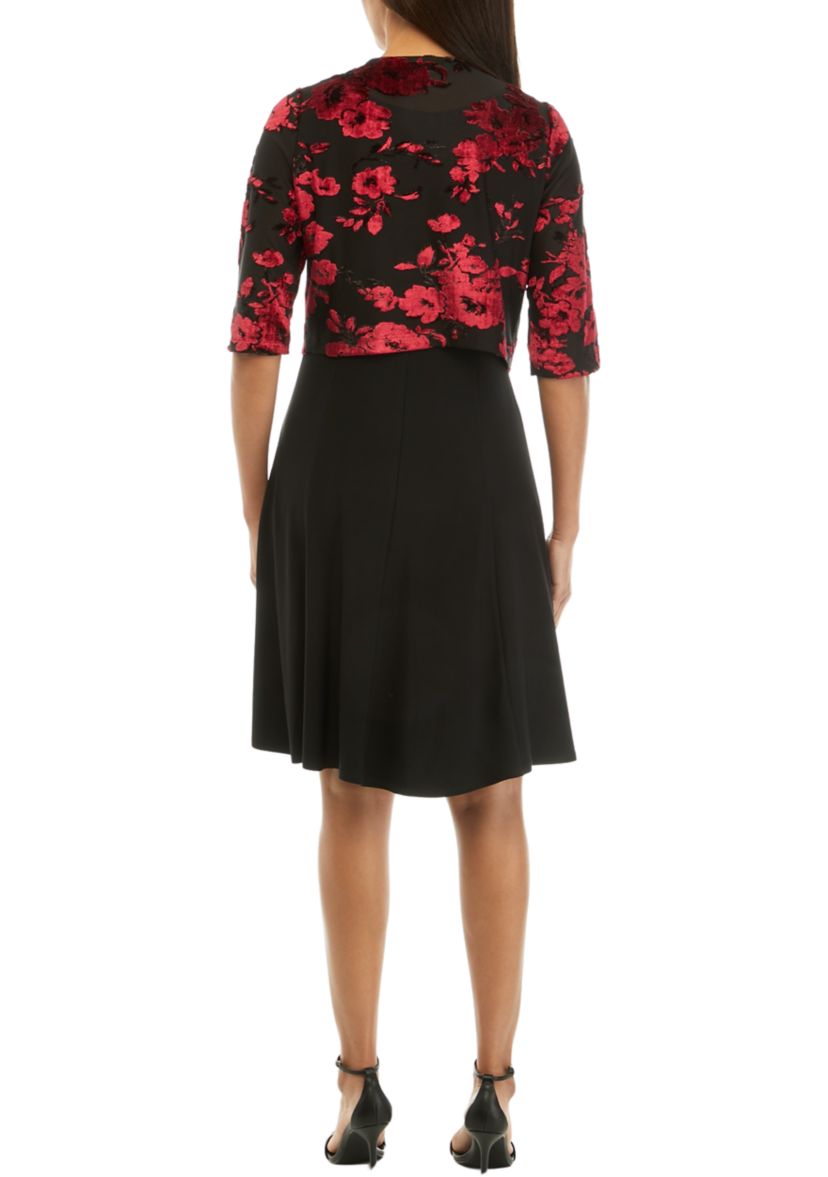 Womens 3/4 Sleeve Velvet Burnout Floral Jacket Dress