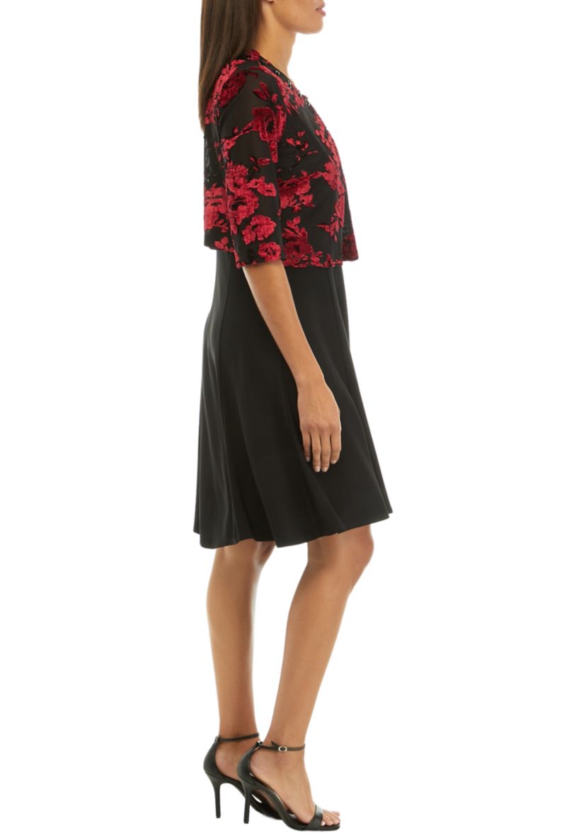 Womens 3/4 Sleeve Velvet Burnout Floral Jacket Dress