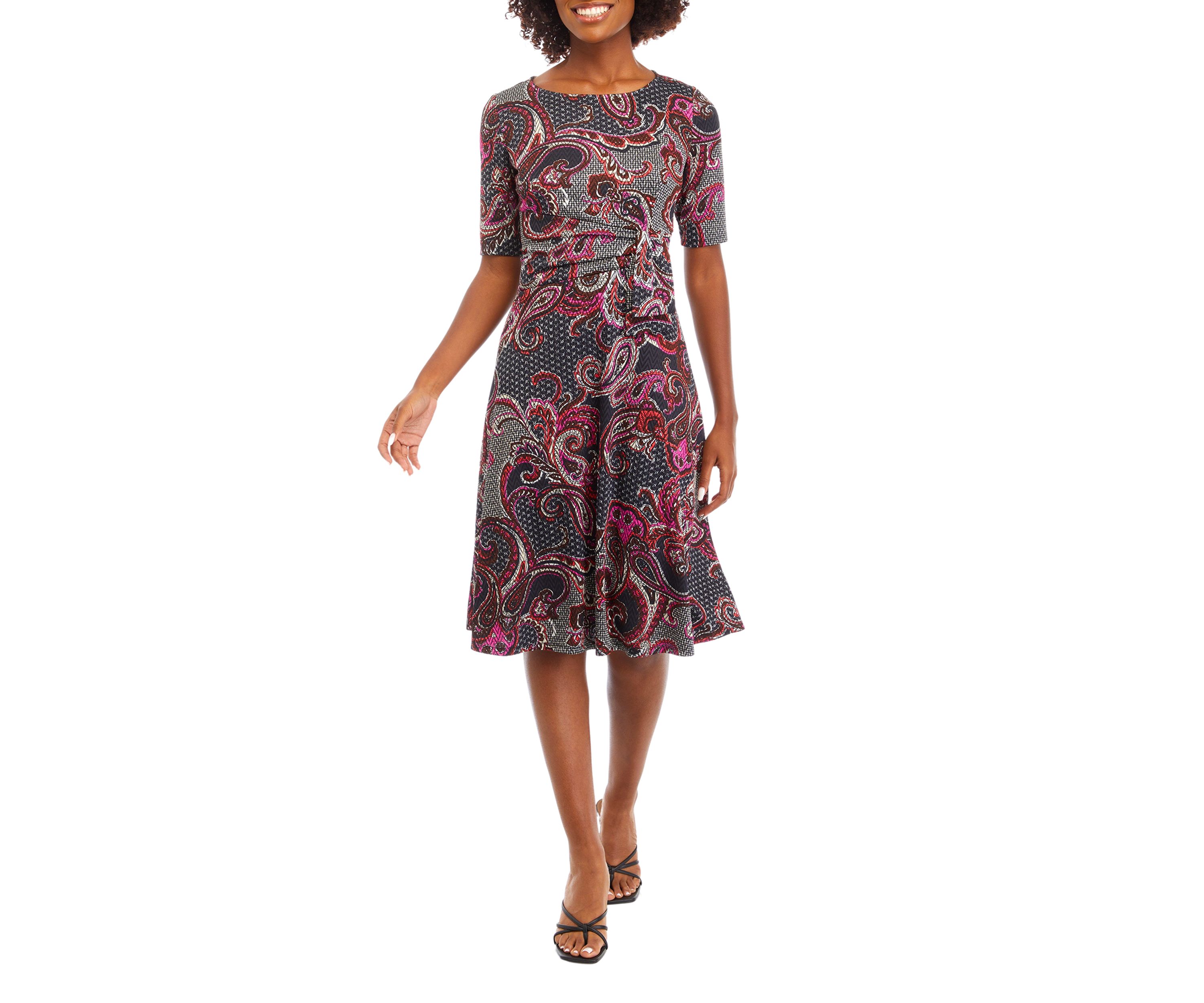 Womens Short Sleeve Round Neck Paisley Print Fit and Flare Dress